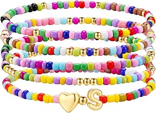 Valentines Gifts for Kids - 5PCS Colorful Beaded Initial Bracelets for Girls Women Cute Stretch Heart Letter Bracelet Initial Stackable Bracelet Birthday Gift Jewelry for Kids Teen Girl