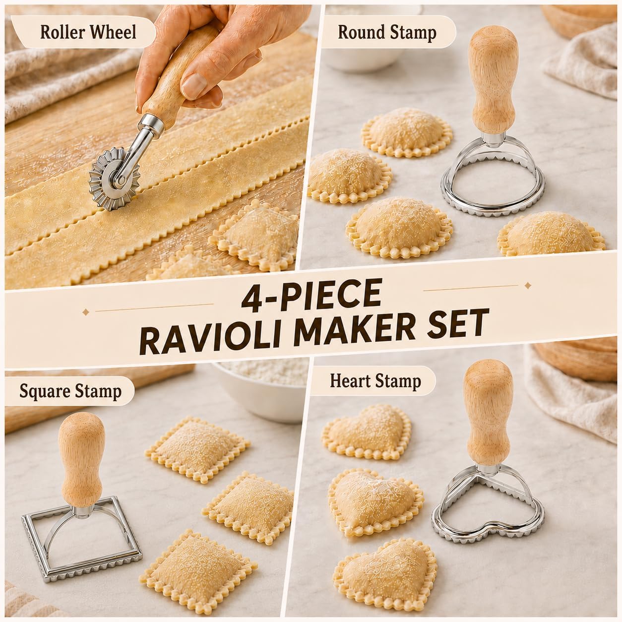 4Pack Ravioli Stamp and Ravioli Cutter, Pasta Cutter for Dumplings