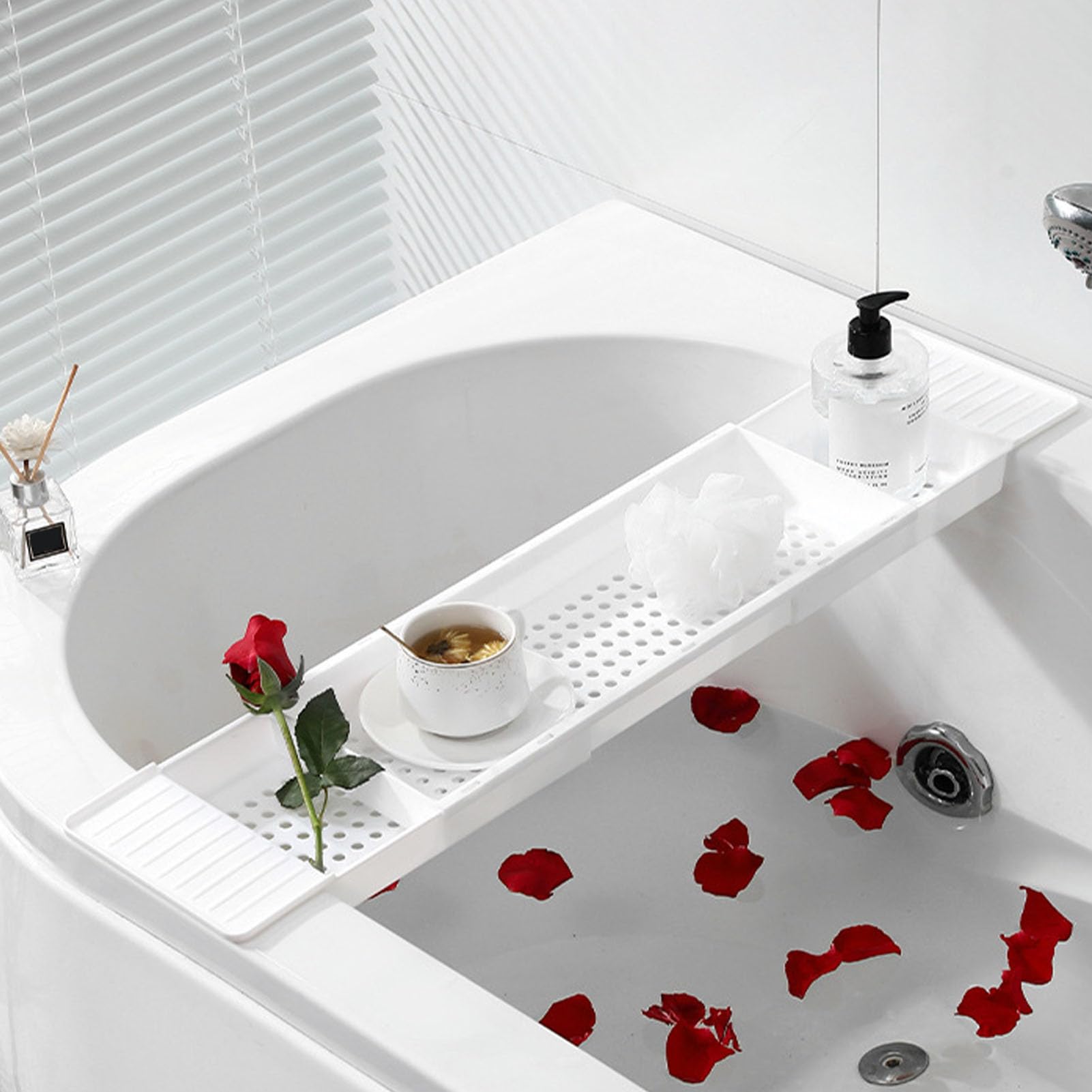 Bandeja de Bañera Extensible con Diseño Antideslizante para Baños Relajantes, Soporte de Plástico para Caddy de Bañera 1 Unidad (Blanco)