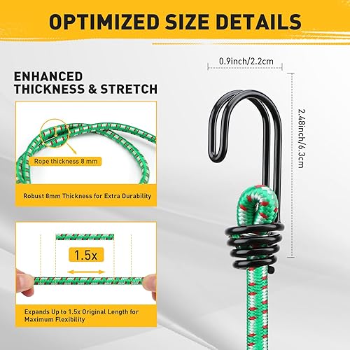 Miniatura 20 de Cuerdas elásticas resistentes al aire libre: 20 piezas de cuerdas elásticas de goma premium con ganchos en un tarro de almacenamiento incluye cuerda