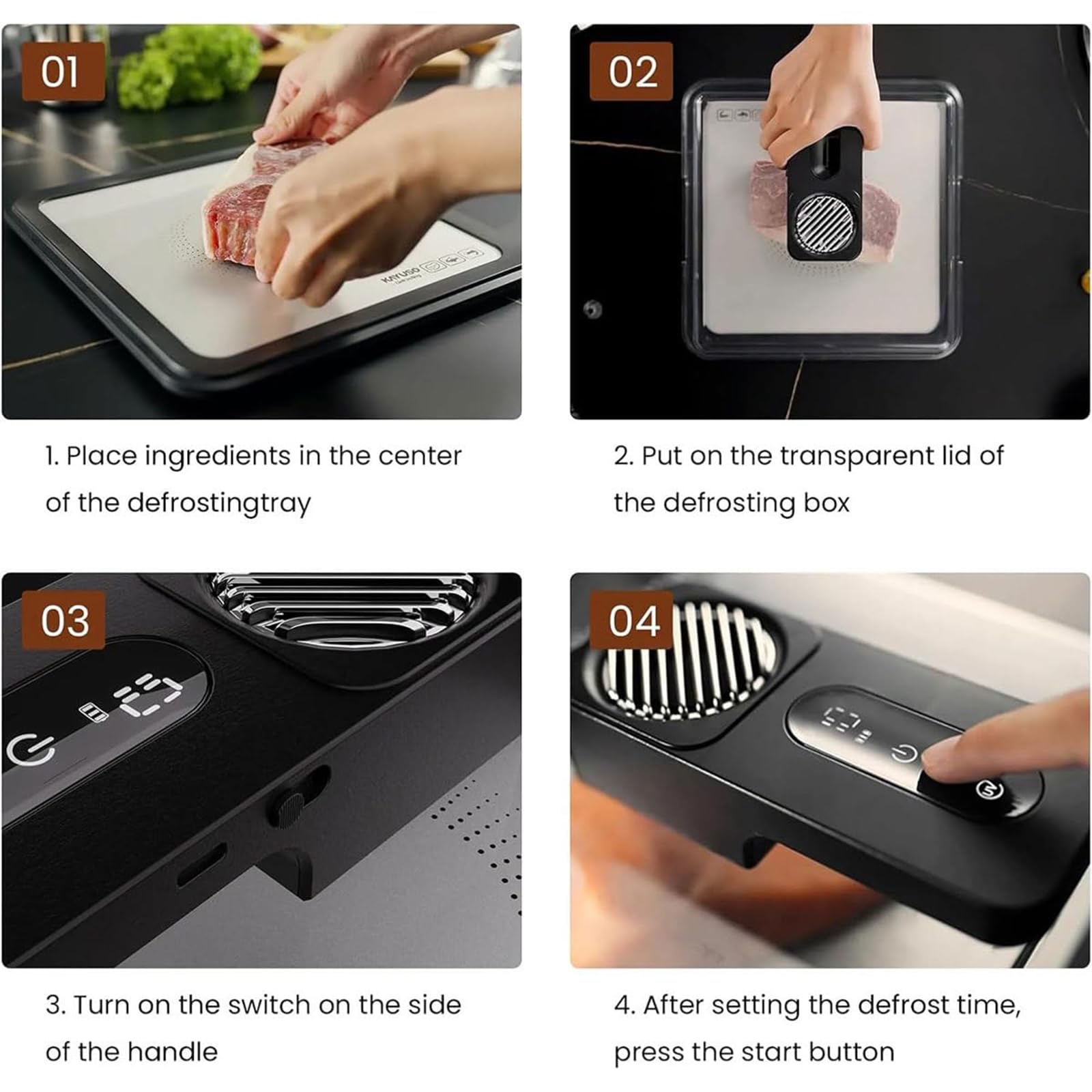 Vassoio elettrico per scongelare la carne, 4,2 l, Smart Thawing Box con tecnologia Airflow, sbrinamento veloce in 10 minuti per bistecca, pollo, pesce, frutti di mare