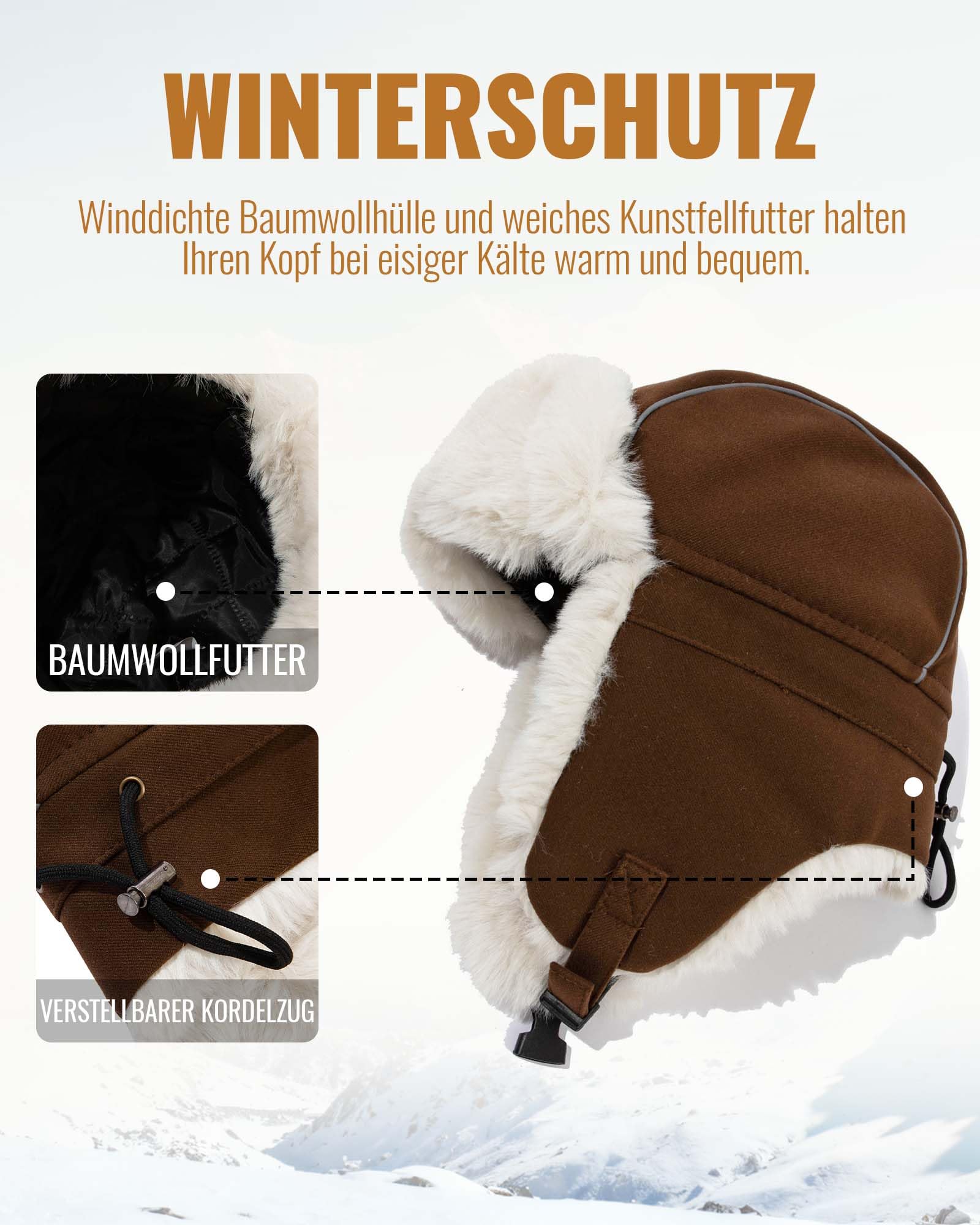 Clakllie Warme Fliegermütze Winddicht Trappermütze mit Kunstpelz Ohrenklappen Outdoor Wintermütze mit Ohrenklappen Unisex Bomber Hut Uschanka Mütze