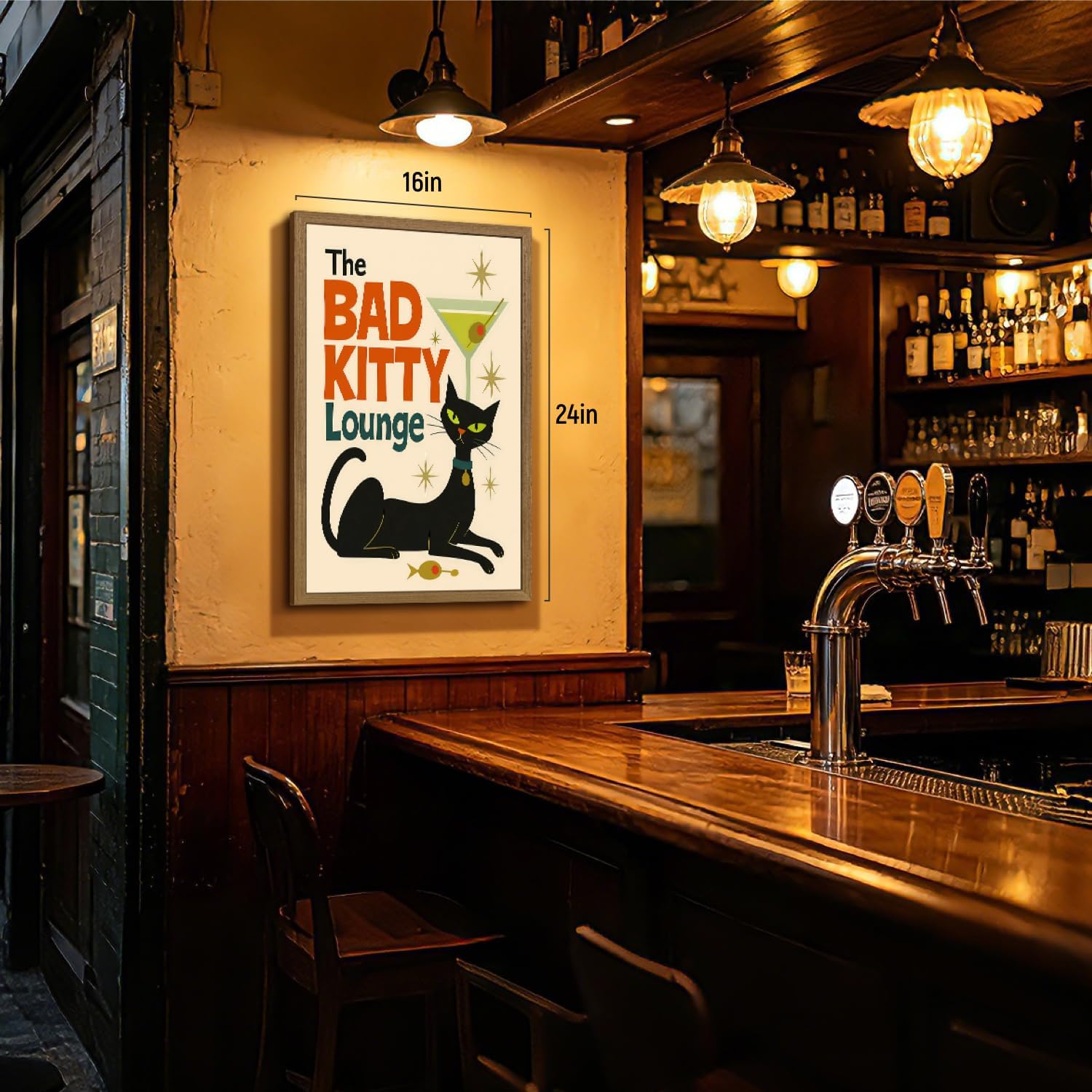 RLKHG Wood Framed Mid Century Modern Cat Wall Art, Funny Black Cat Cocktail Poster Print, Retro Martini Bar Animal Wall Decor, Vintage Lounge Artwork for Dining Room Living Room Office 12x16 Inch image 5