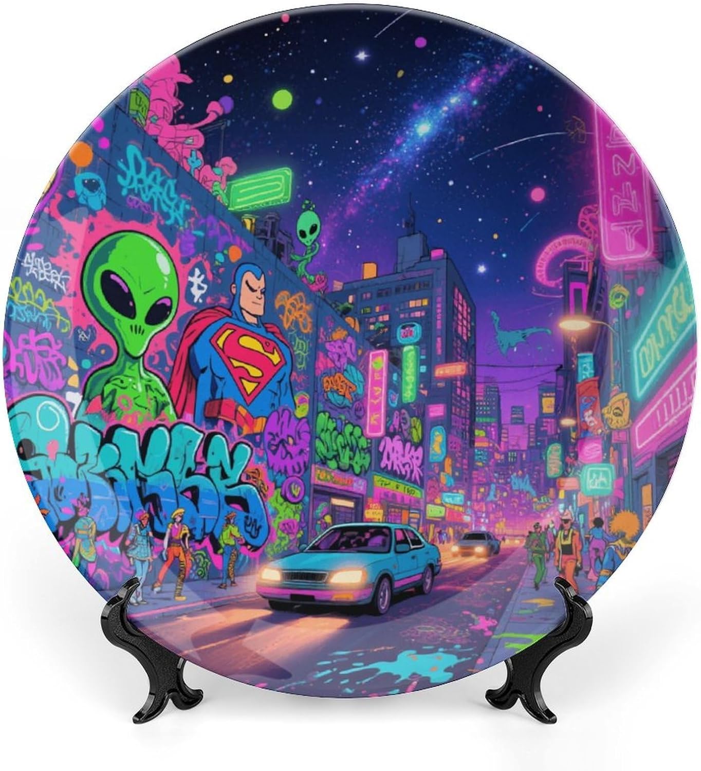 Bone China Decorative Plates Graffiti City Ceramic Decorative Plate Wall Decor with Display Stand Ceramic Ornaments for Wall Hanging Decoration