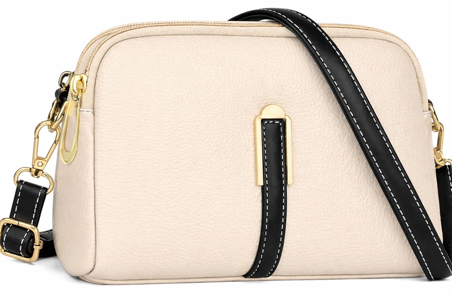new pearls Women’s PU Leather Sling Bag Beige with Black Strap-picture-18