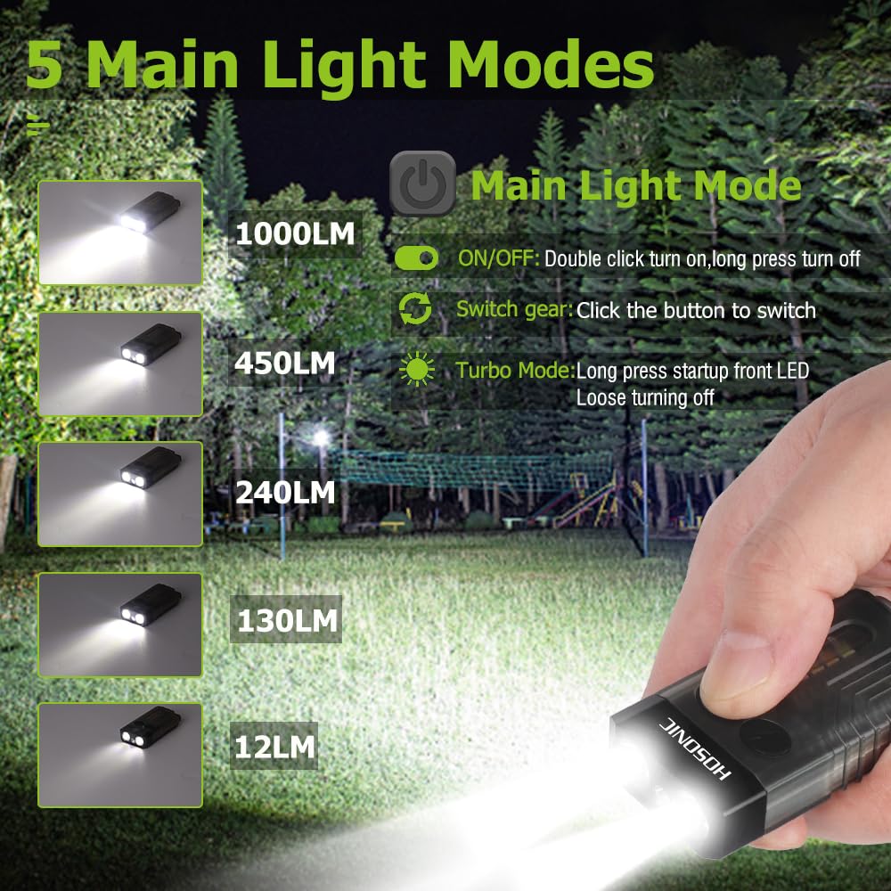 E9 Mini Torcia LED Potente 1000 Lumen, Piccola Torce Portachiavi con 365nm UV e Luce Colorata, 12 Modalità Ricaricabile USB Flashlight, Magnetica, IPX4 Impermeabile