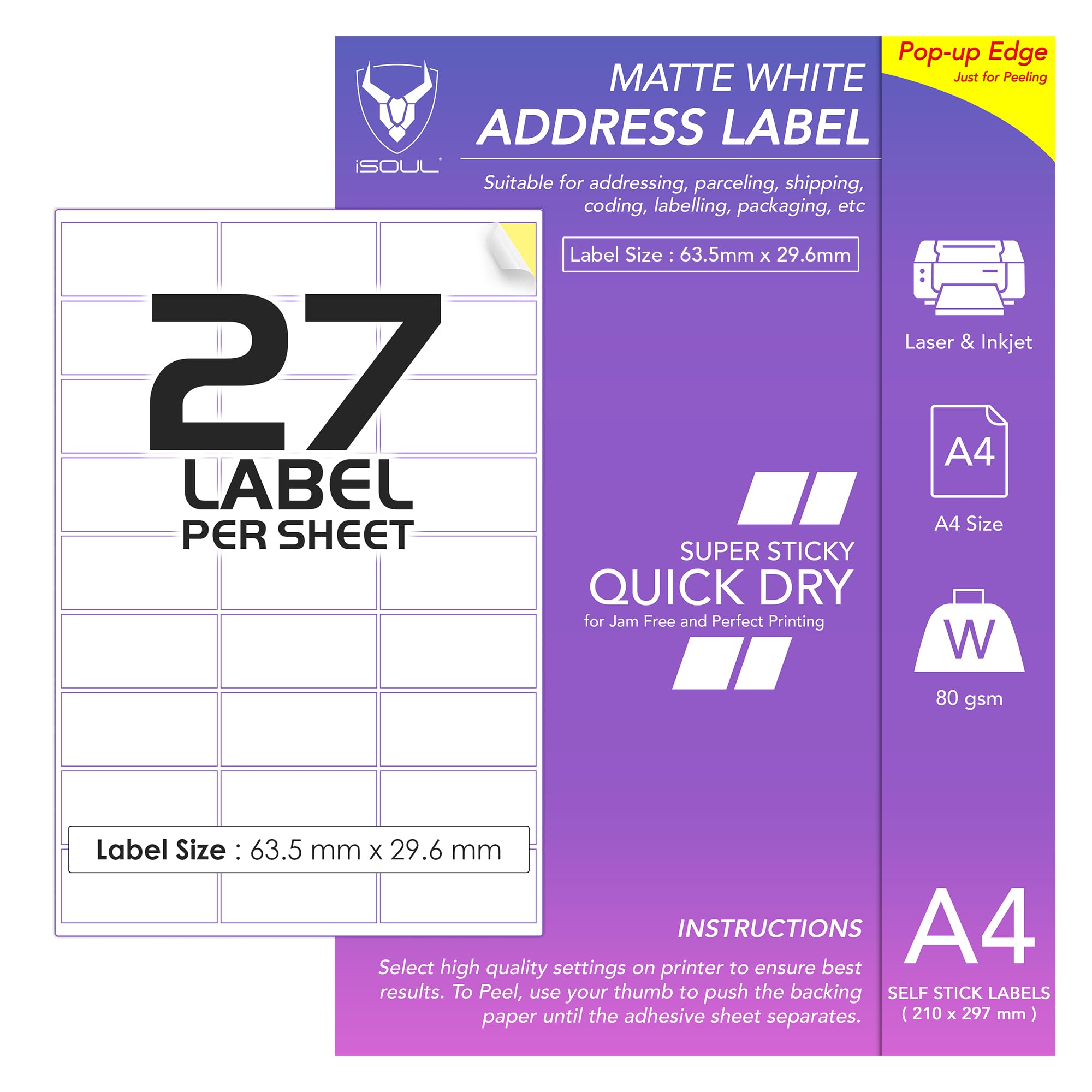 27 Labels Per A4 Sheet, 50 Sheets 1350 Sticky Label, Printable Sticker Paper, iSOUL Matte Self Adhesive Address Mailing, Shipping, Postage, Laser & Inkjet Printer Compatible [Quickdry] — image 1