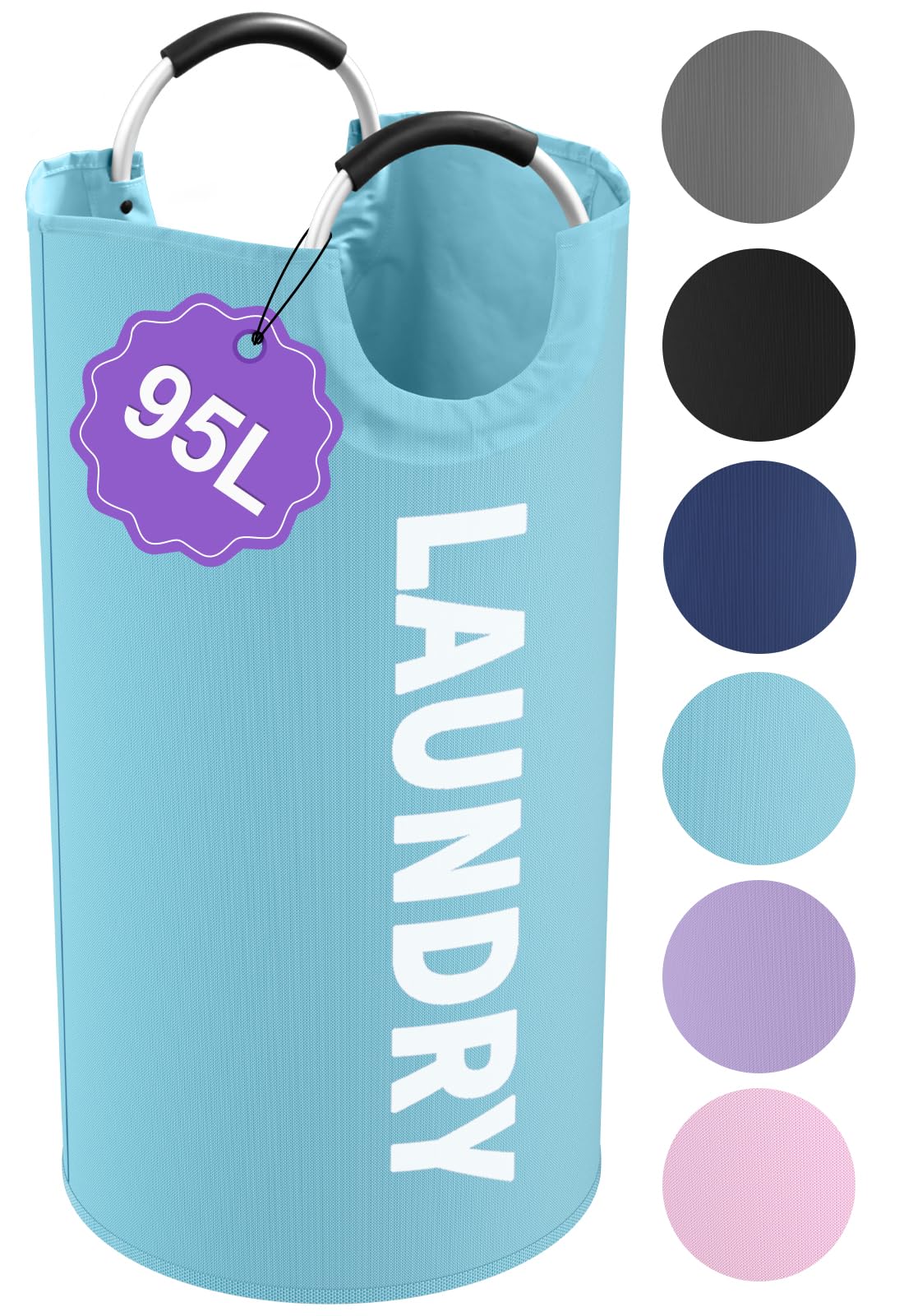 95L Foldable Blue Laundry Basket with Handles, Big Clothes Hamper for Bedroom, Dirty Clothes Basket Stand Upright, Portable Laundry Bag for Dorm, Nursery, Family, Blue