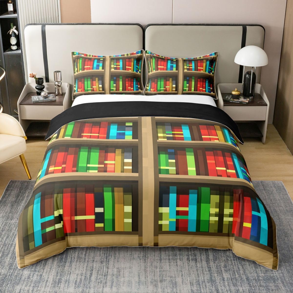 Bookshelf 100% Cotton Duvet Cover Queen Size,Pixelated Bookshelf Bedding Sets 3Pcs for Kids Woman Men Room Decor,Pixel Style Games Comforter Cover Anime Bookcase Theme Quilt Cover,2 Pillowcases