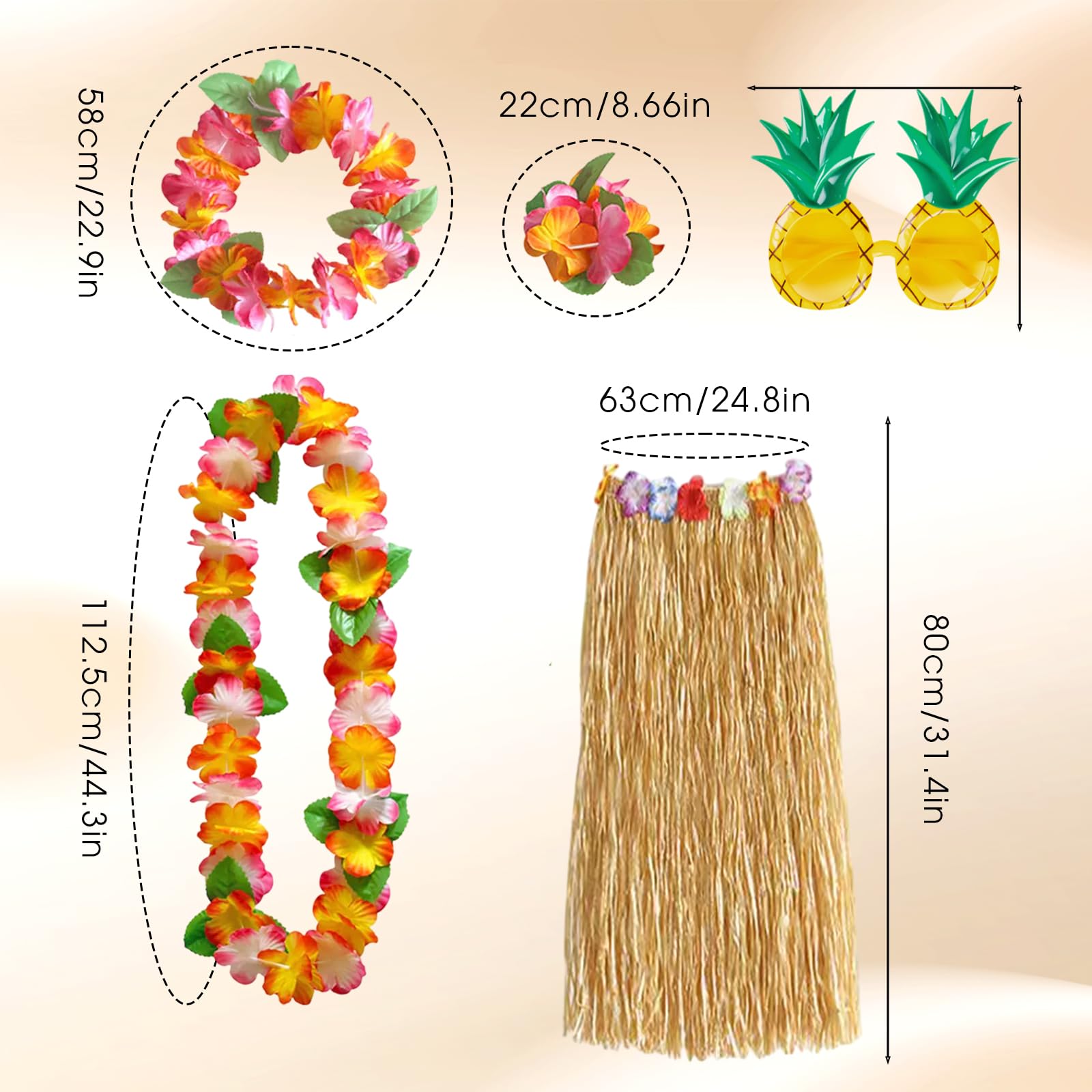 Lot de 6 décorations de fête hawaïennes, collier de fleurs, bracelets, bandeau, lunettes d'ananas, jupe hawaïenne, déguisement pour adultes, fête de plage, bar de nuit