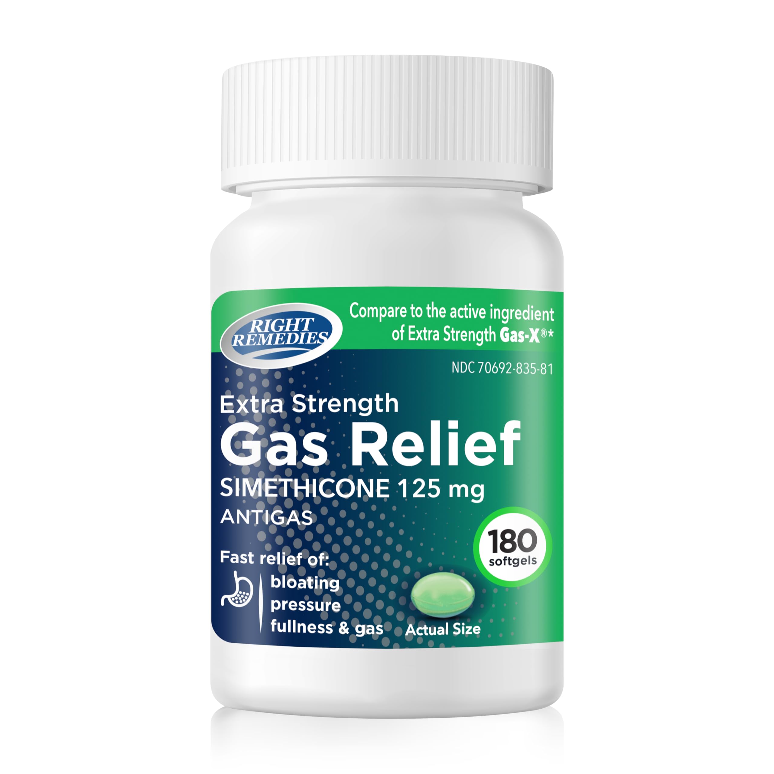 RIGHT REMEDIES Gas Relief Extra Strength, 125mg Simethicone, (180 Softgels), Fast Relief from Gas, Bloating, Fullness, Painful discomfort, Compare to Gas-X Extra Strength Active Ingredient