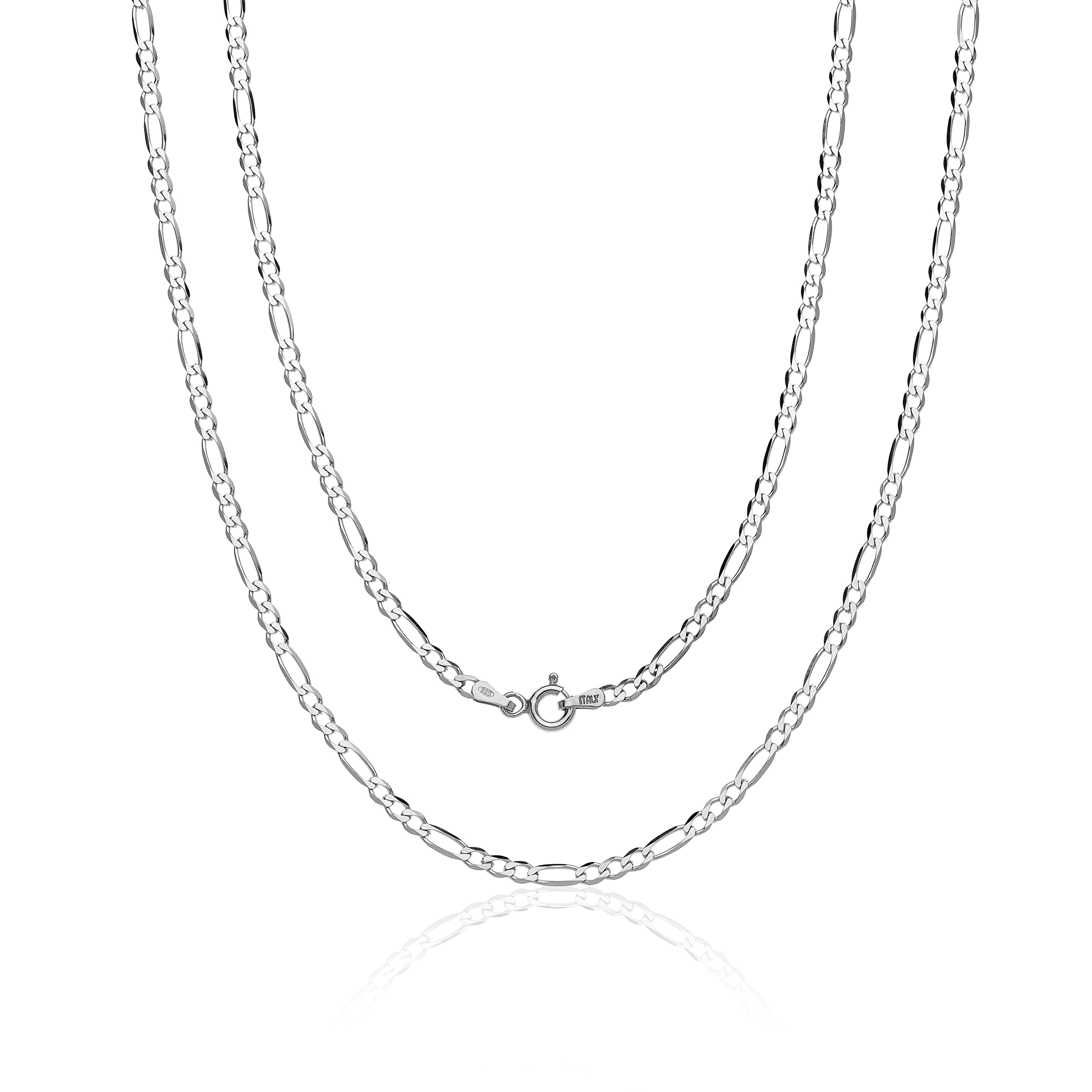 Aka Gioielli® - 3 mm Figaro Chain 925 Sterling Silver Rhodium Women Men Necklace - 16" 18" 20" 22" 24" 28" inch