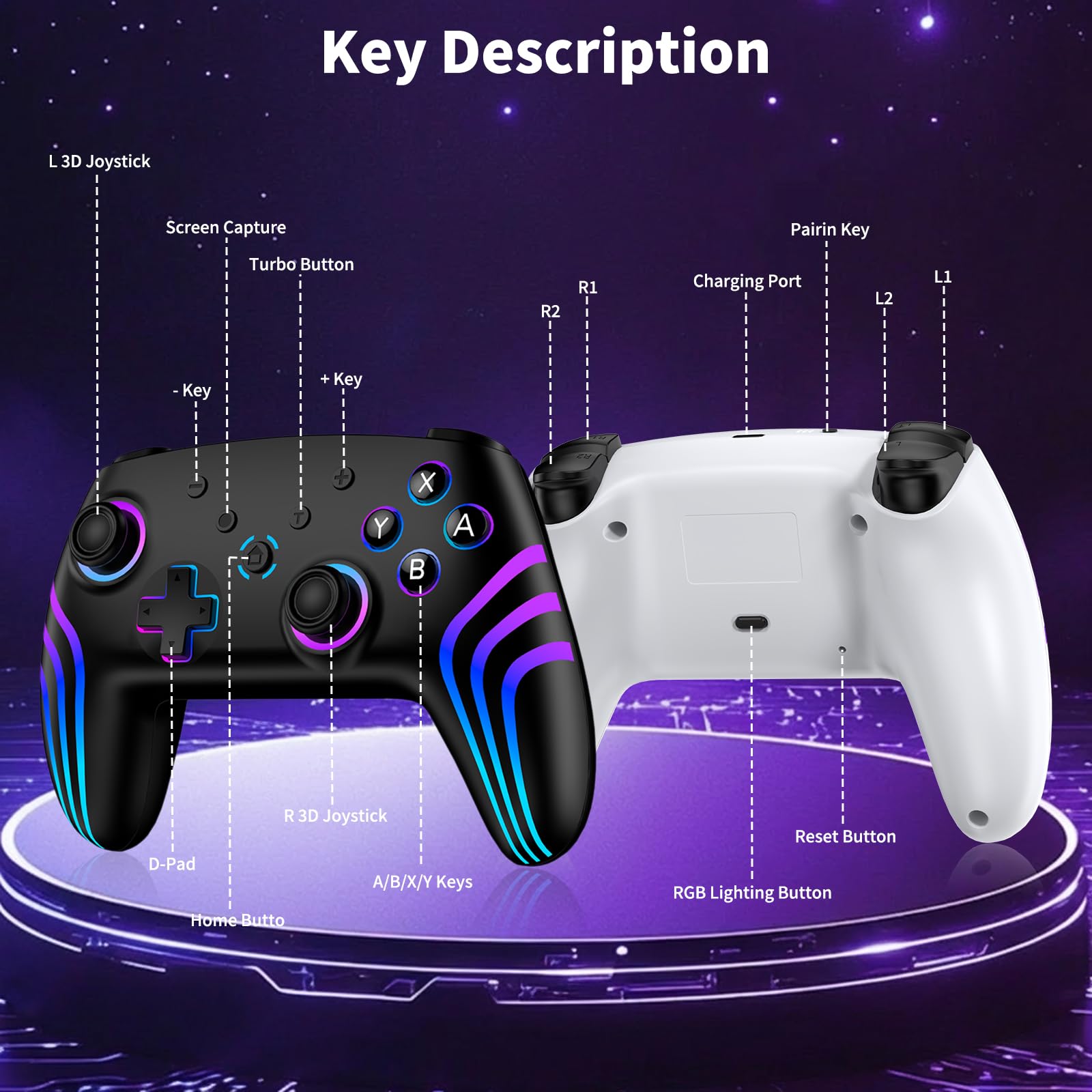 Controller Switch 2 (2 pezzi) con stazione di ricarica, controller Switch per Switch 2/Switch/Lite/OLED/PC, controller Switch 2 Pro con RGB/Wake-up/Giroscopio/Doppia vibrazione/Turbo/Screenshot