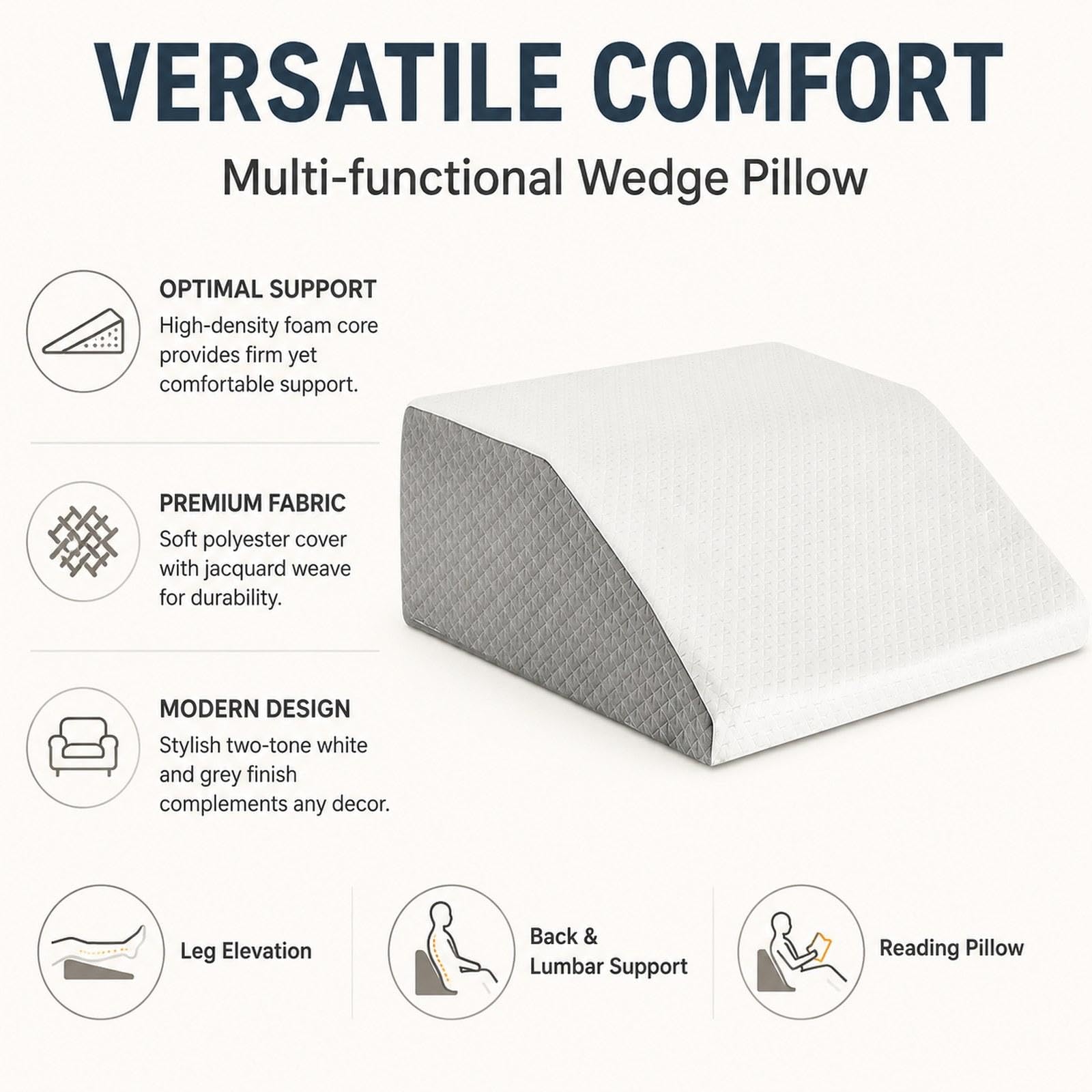 Almohada para Piernas Cojín de Soporte de Elevación Cama y Sofá Almohada Fabricada en Espuma y Poliéster Adecuada para Postura, Blanco, Individual