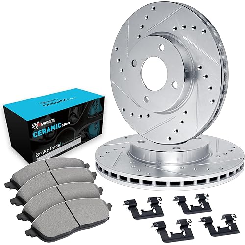R1 Concepts Front Brake Kit For 2009-2014 Honda Fit| Drilled Slotted Brake Rotors| Ceramic Brake Pads and Rotors Kit| Hardware included