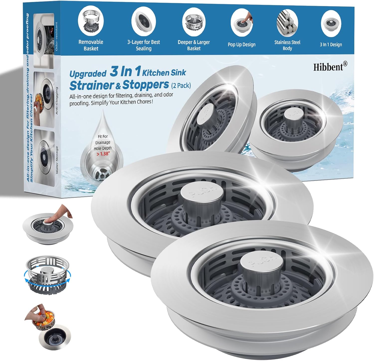 Hibbent Upgraded 2 Pack 3 in 1 Kitchen Sink Drain Strainer, Stainless Steel Pop Up Sink Stopper, Larger Anti-Clogging Basket, 3-Layer Seal, Detachable Plug for US Standard 3-1/2" Drain, Brushed Nickel