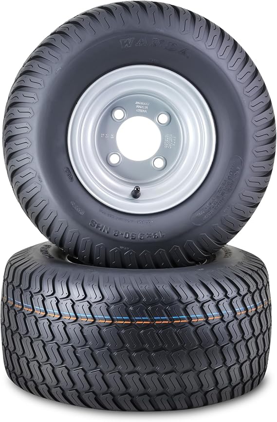 WANDA Lawn Mower Tire Wheel 18X9.5-8 4PR w 4X4 PCD Silver Wheel-13032, Pk2 | Tractor Assembly with 4 Lugs on 4 PCD Silver Rim