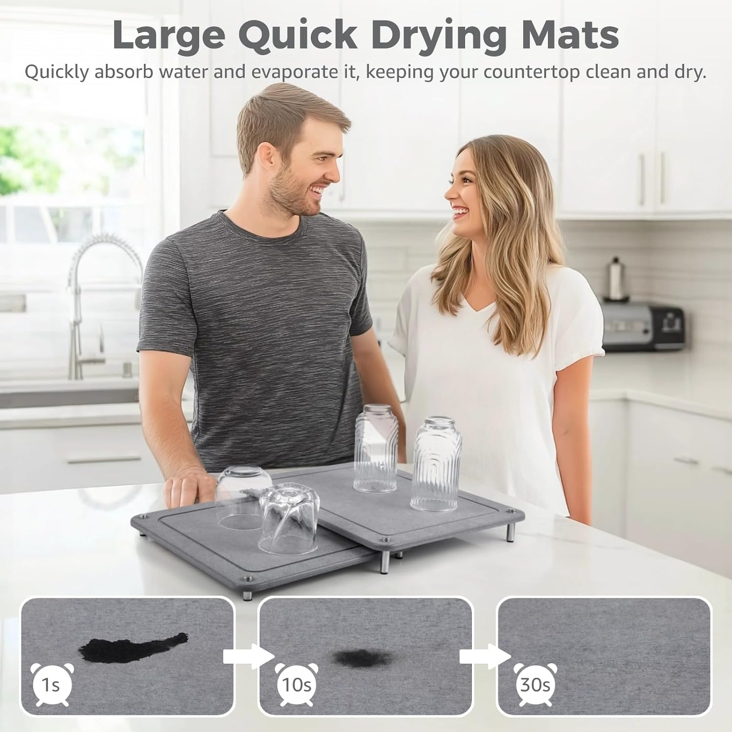 2 Pcs Stone Dish Drying Mats, Nesting Quick Drying Diatomaceous Earth Mats, Self-Absorbent Dish Mats with Non-Slip Feet & Sanding Tools, Stone Dish Racks for Kitchen Counter