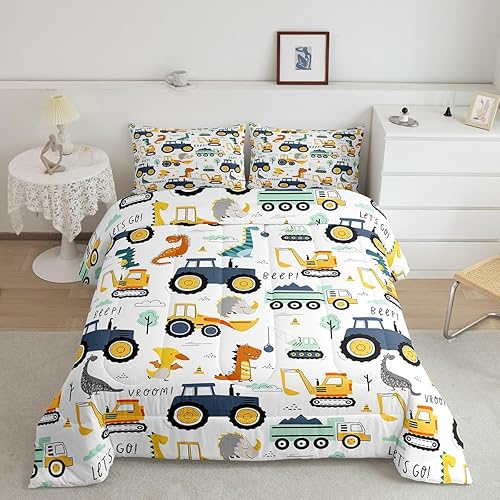 Juego de edredón de excavadora para niños, tamaño matrimonial, ropa de cama de camiones con equipo de dibujos animados para niños, niñas, niños,