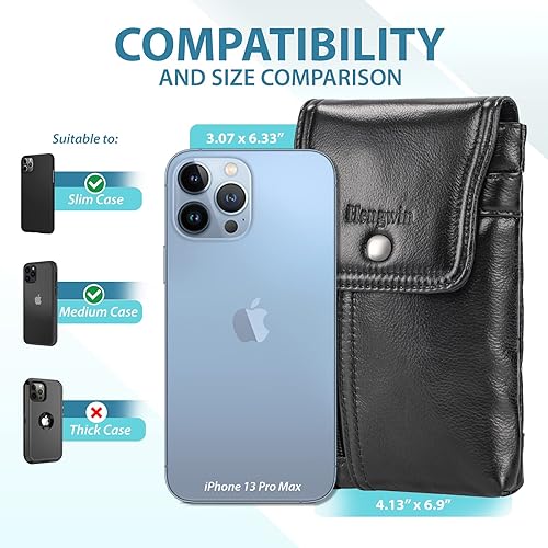 Miniatura 2 de Hengwin Funda de cuero genuino para teléfono celular para cinturón, funda para cinturón para iPhone 17 Pro Max 16 Pro Max 15 Pro Max 14 Pro Max