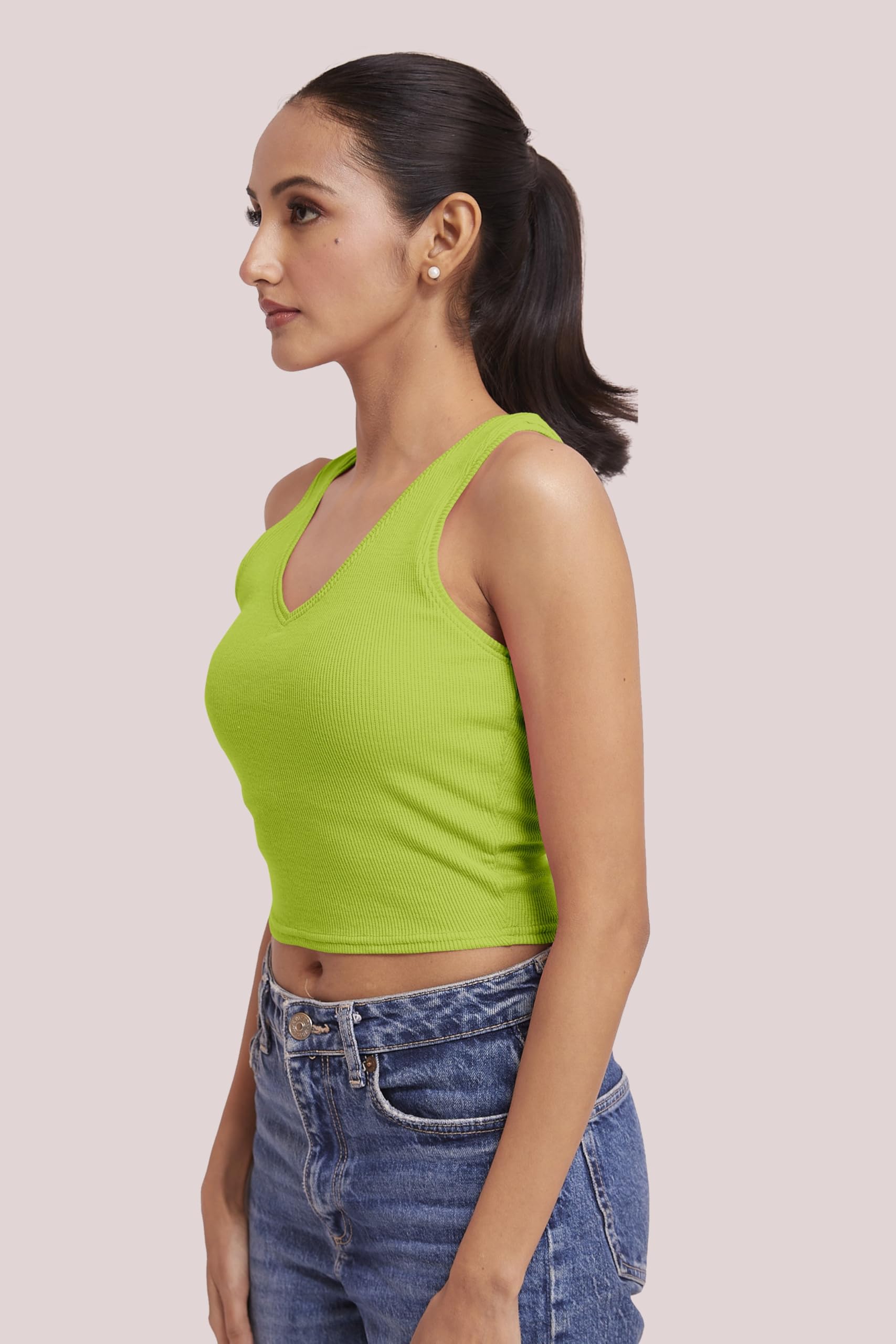 BERRY BIRD® Sleeveless V- Neck Slim Fit Ribbed Knit Tank Crop Tops for Women & Girls Casual Beach and Gym Wear and Western Trendy Fashion Neon 3