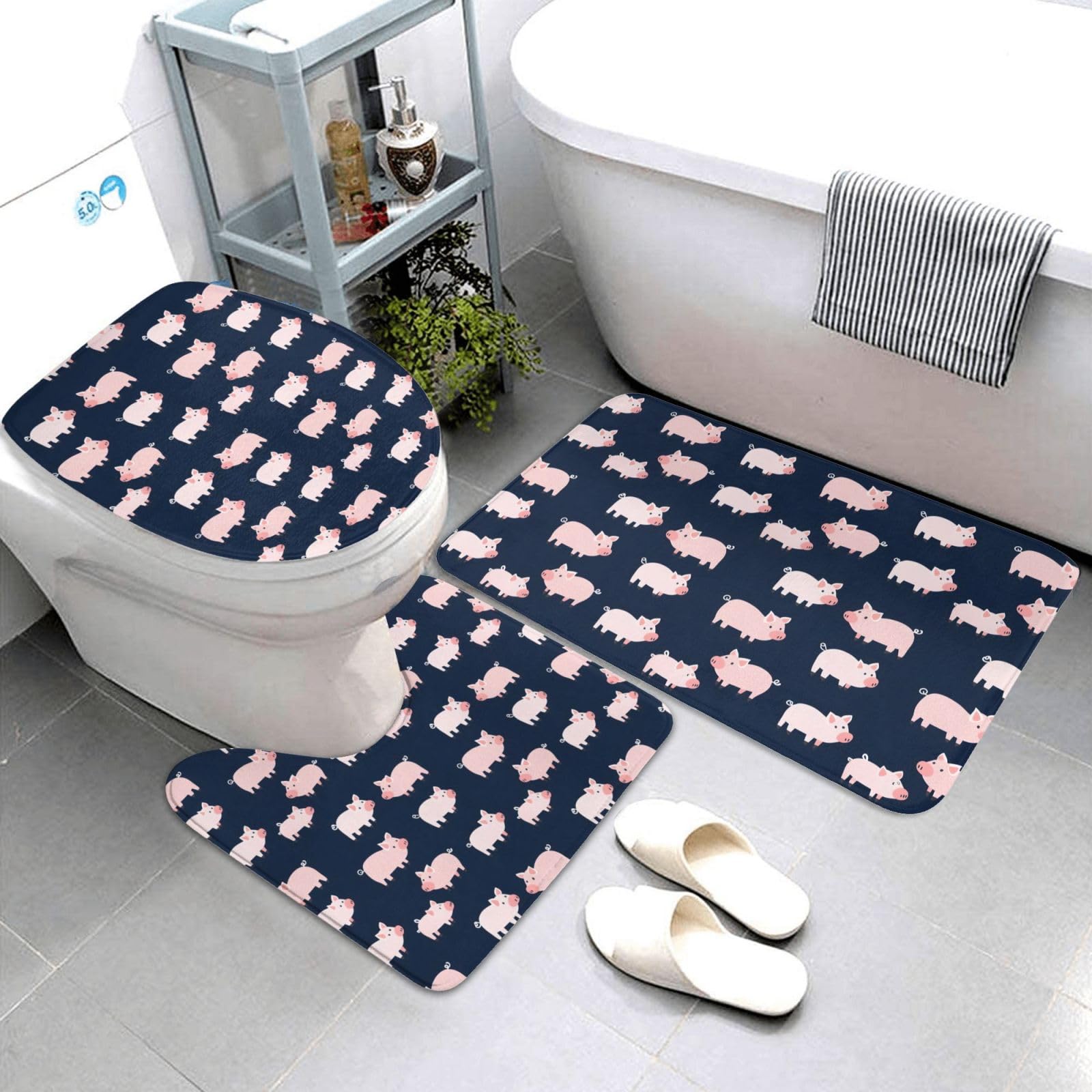 Lot 3 tapis salle de bain cochon avec contour U et housse
