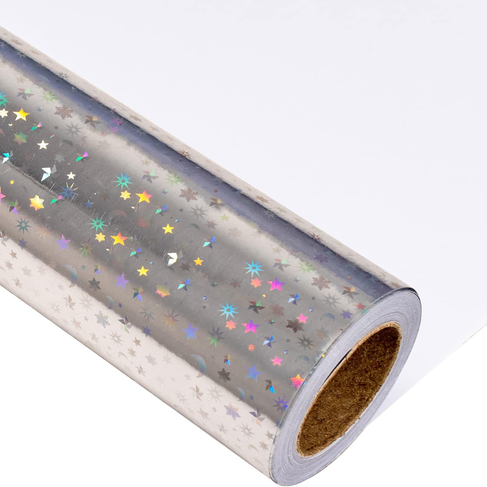 LeZakaa Srebrny holograficzny papier do pakowania - mini rolka - nadruk gwiazdy i księżyca na urodziny, ślub, zaręczyny - 44 cm x 32,8 stopy (47,23 m2)