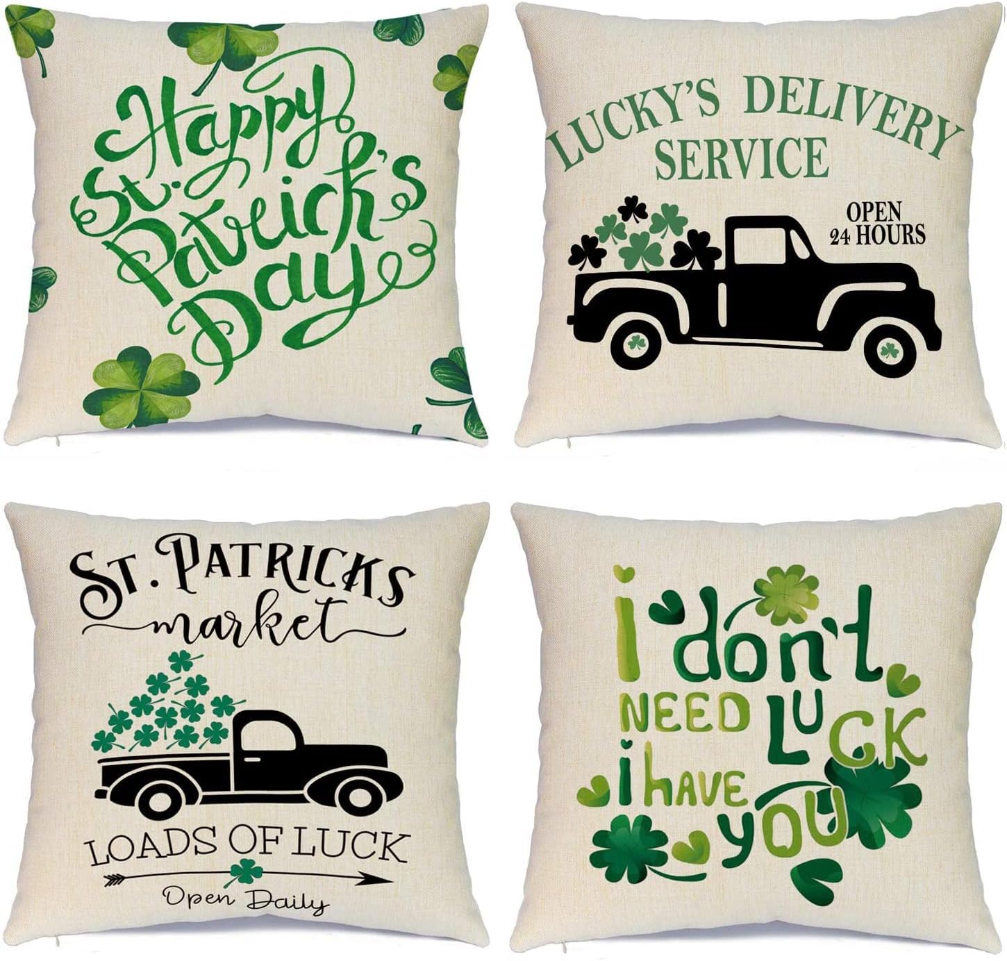 Hlonon St Patricks Day Pillow Covers 20x20 Inch Set of 4 - Irish Green Truck Shamrocks Gifts Linen Pillow Cases Home Decor for Sofa