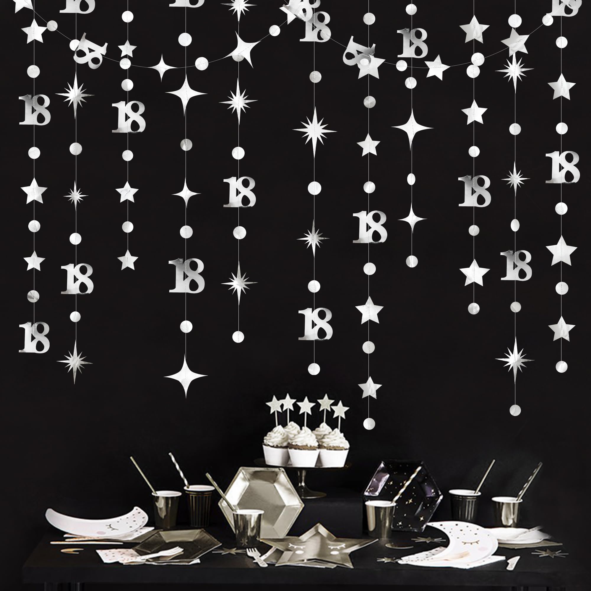 Silver 18th Birthday Decorations Number 18 Circle Dot Twinkle Star Garland Metallic Streamer Banner Backdrop for Girls Boys Happy 18th Birthday Time
