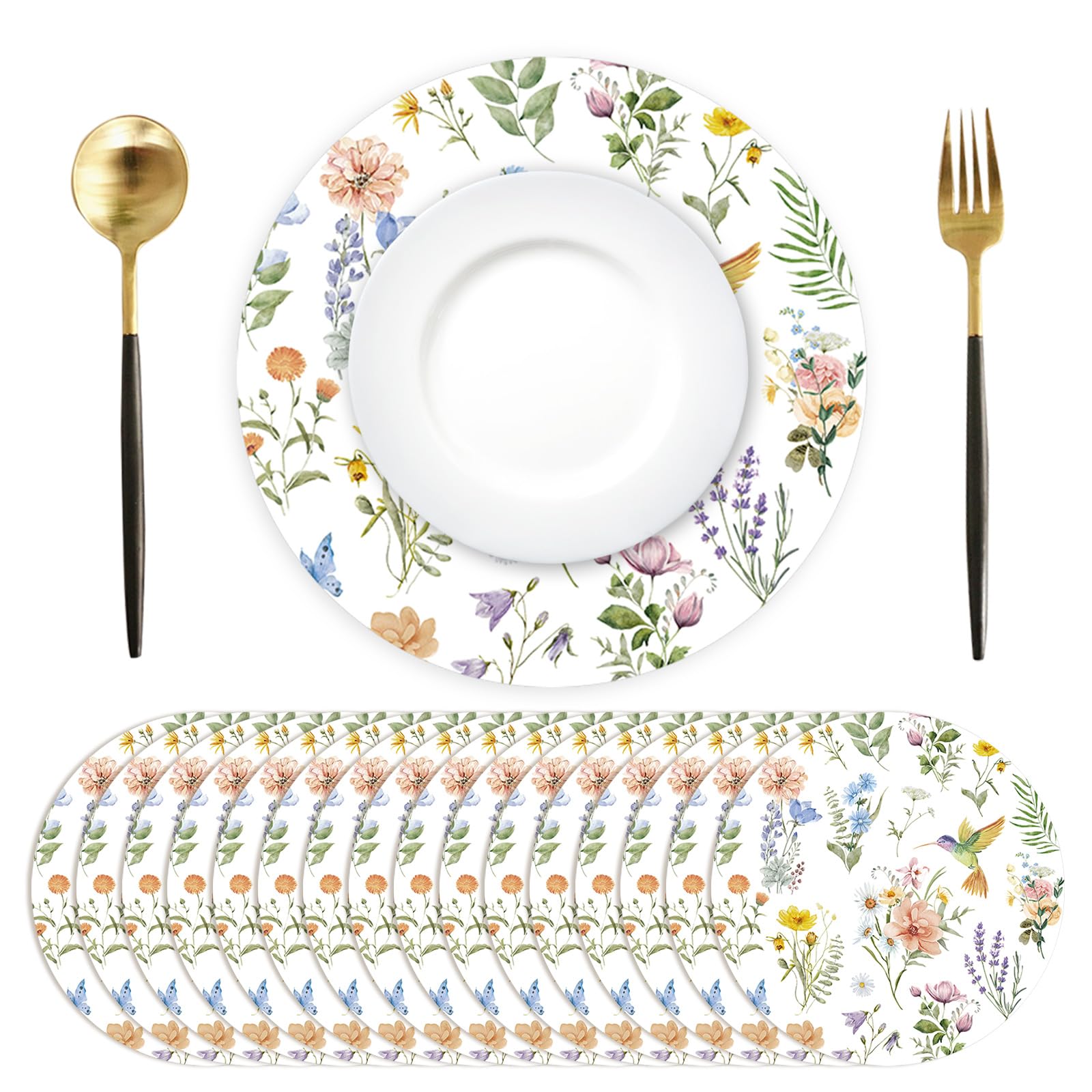 Sets de table jetables en papier vintage : lot de 50 pièces rondes de 34 cm style fleurs et oiseaux