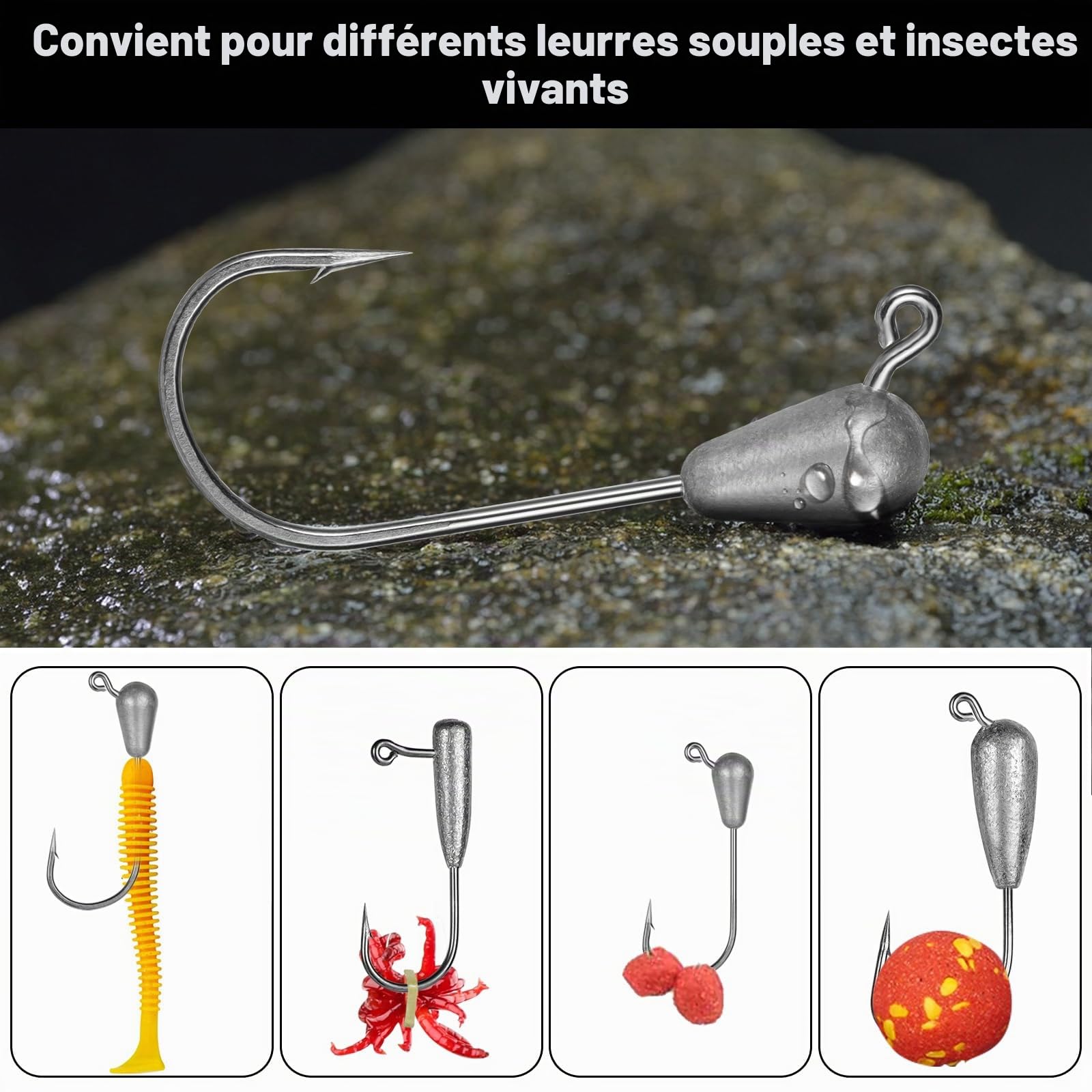 24 Pcs/5 Tailles Têtes Plombées Crochets Kit de Hameçons de Pêche, (9/6/4.5/3/1.5 g) Têtes de Jig Tubulaire avec Hameçons Petites de Plomb Petites Têtes Jig Set pour Leurres de Pêche Souples