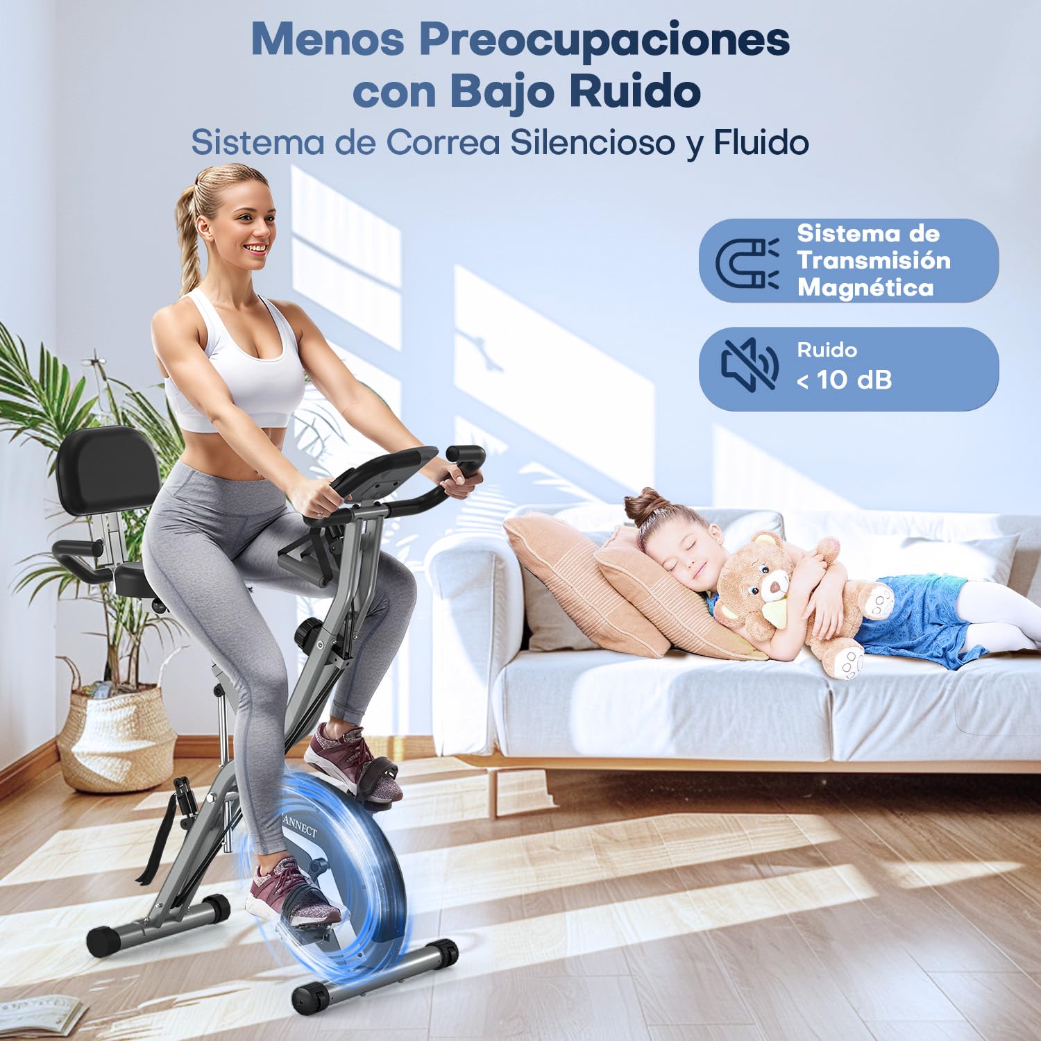 VANNECT Bicicleta Estatica Plegable 5 en 1 con Respaldo y 16 Niveles de Resistencia, Bicicleta Estatica para casa con Banda de Resistencia, Monitor LCD y Medición de Pulso Manual, Capacidad 160 Kg