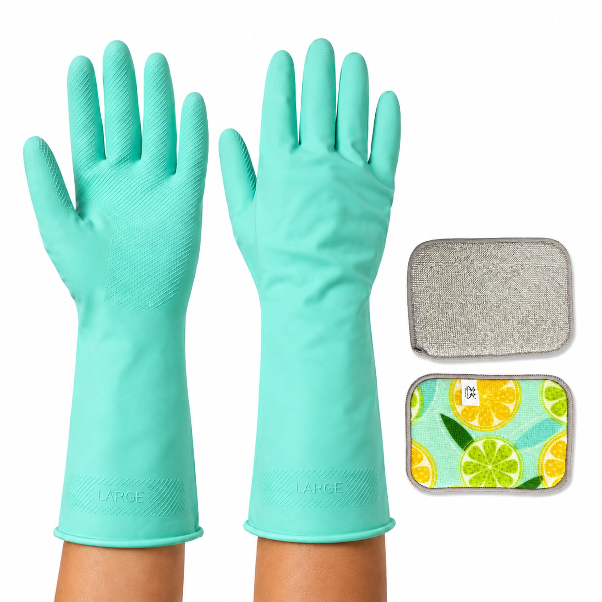 AM Safe-X Premium Household Cleaning Rubber Gloves with Free Non-Scratch Cleaning Scrub Pad | Long Cuff Waterproof Kitchen Gloves | Non-Slip Grip for Dishwashing, Bathroom, Household Cleaning | Green-image-19
