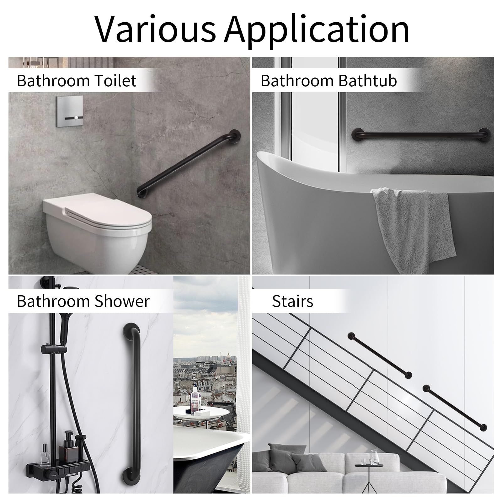 Barra de agarre para discapacitados de 24 pulgadas para ducha, asas de ducha para ancianos, barras de agarre para personas mayores con tornillos ocultos, color negro