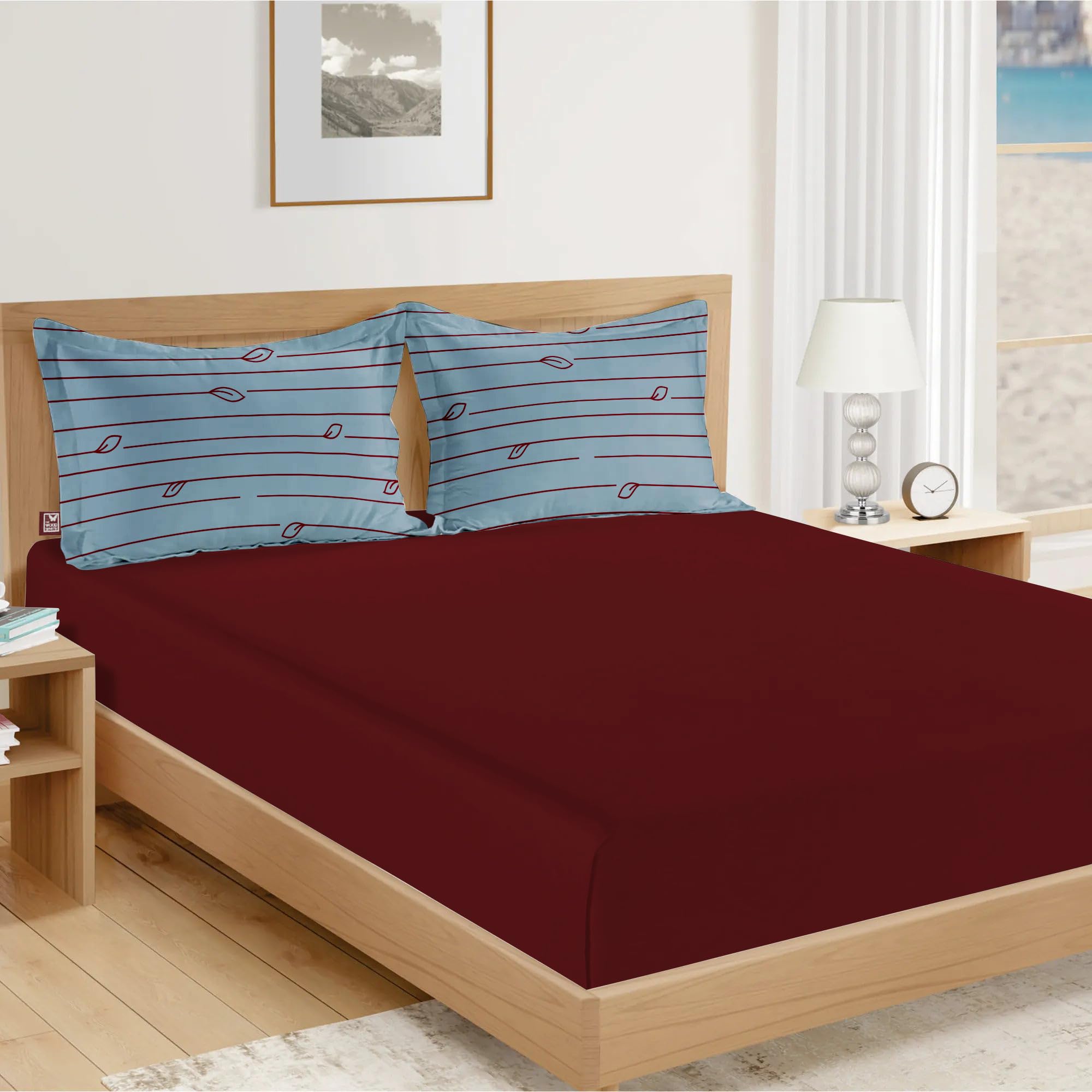 THE WOOD WHITE 100% Fine Poly Microfiber Threads Double Bedsheet Set with Printed 2 Pillow Covers Wrinkle Free, Breathable, Soft. Queen Size 90 x 100 Inches or 229 x 254 Cms. Scarlet
