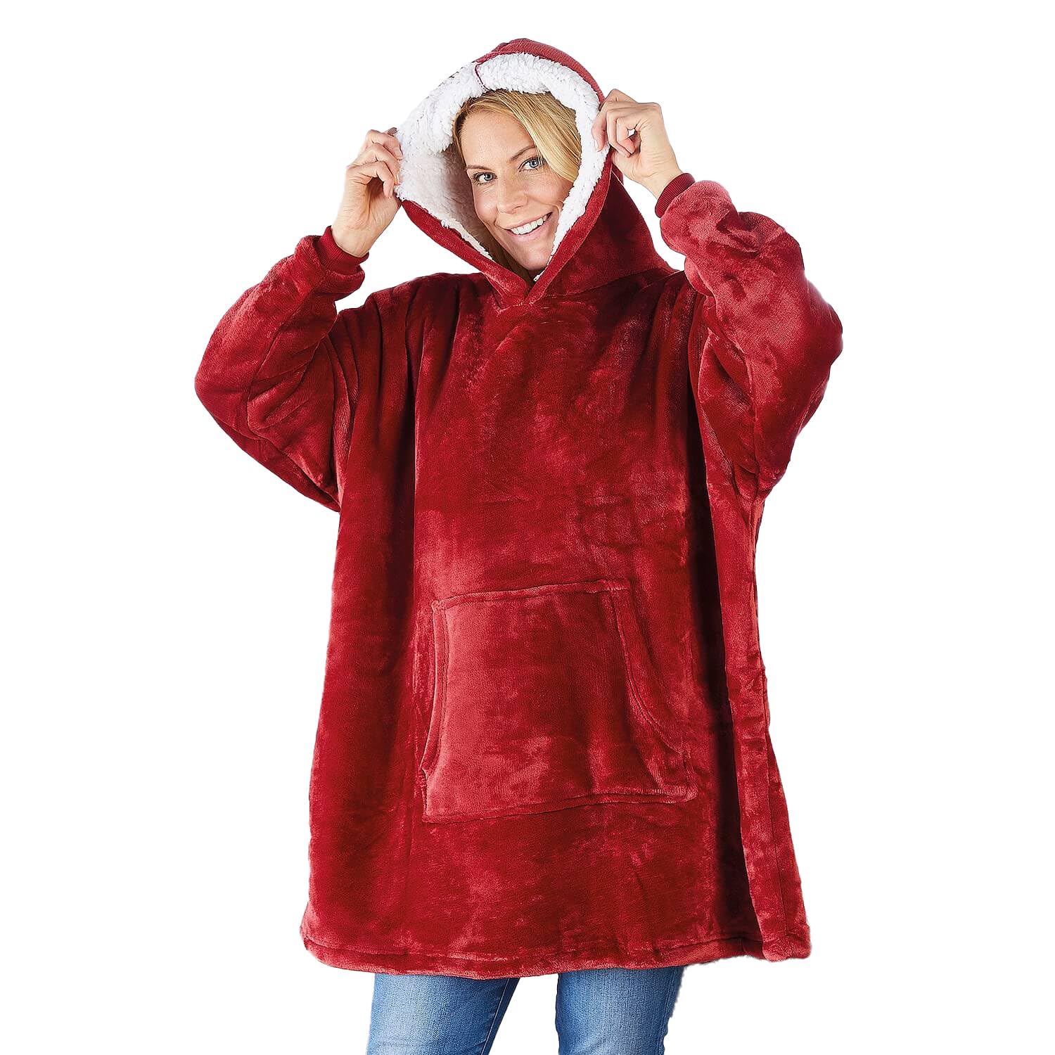 Coopers Of Stortford Unisex Red Oversized Snuggle Cuddle Hoodie Blanket Fleece Soft Warm Cosy Sherpa-Style Fleece Cuddle Hoody One Size (Red)