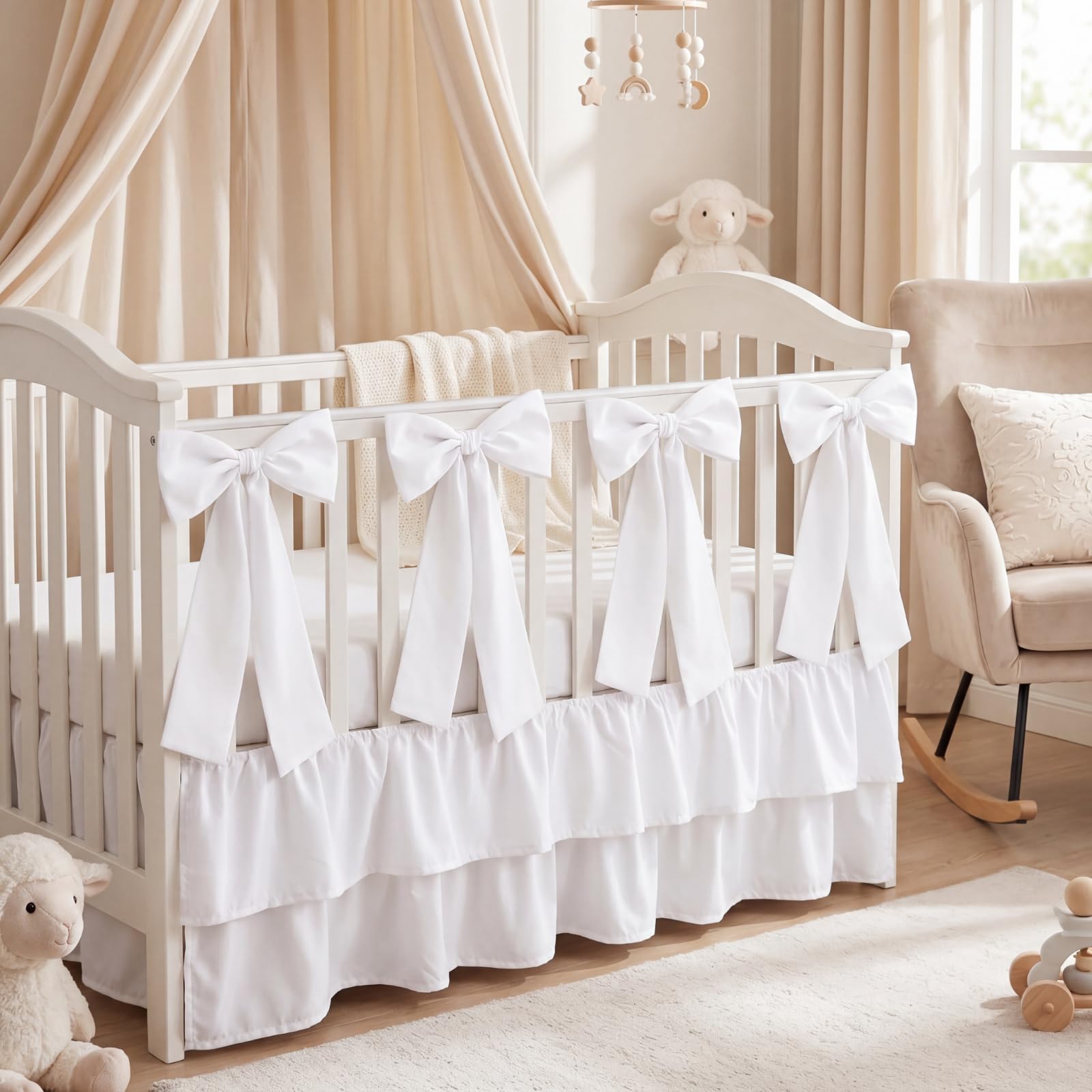Smoothnovelty White Crib Bed Skirts with 4 Large Cot Bow 28" x 52",14" Drop