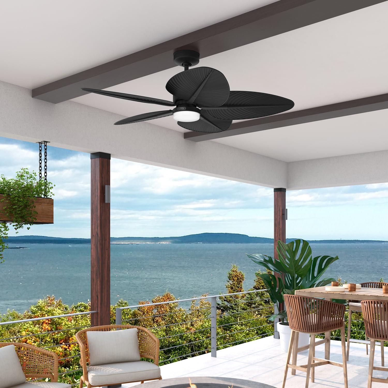 Hunter - Tropic View Indoor/Outdoor Ceiling Fan With Light, Wall Control, 52-inch Coastal-style, 6-speed DC Motor, for porches, patios, sunrooms, bathrooms (Matte Black)