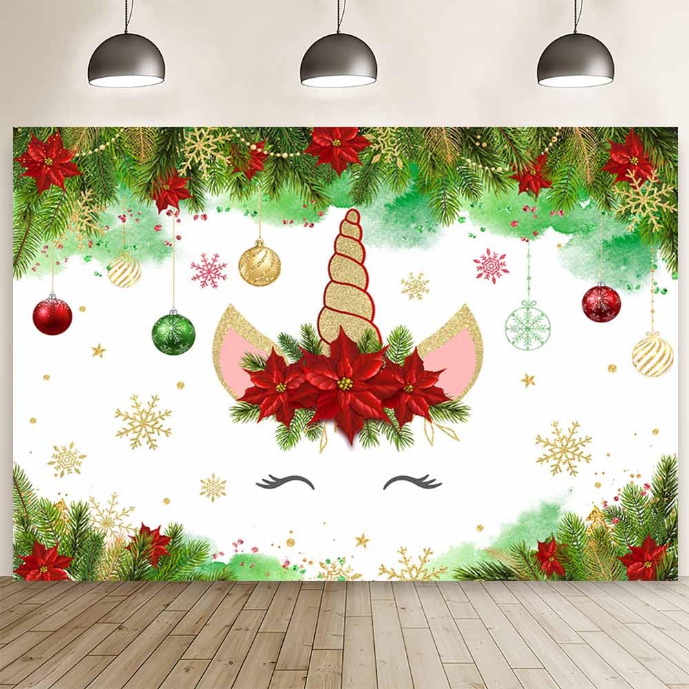 MEHOFOND 7x5ft Christmas Unicorn Photography Backdrop Xmas Snowflake Pastel Green Photography Background Colorful Glitter Dot Sparkle Decor Banner Merry Xmas New Year Eve Family Party Photo Booth Prop