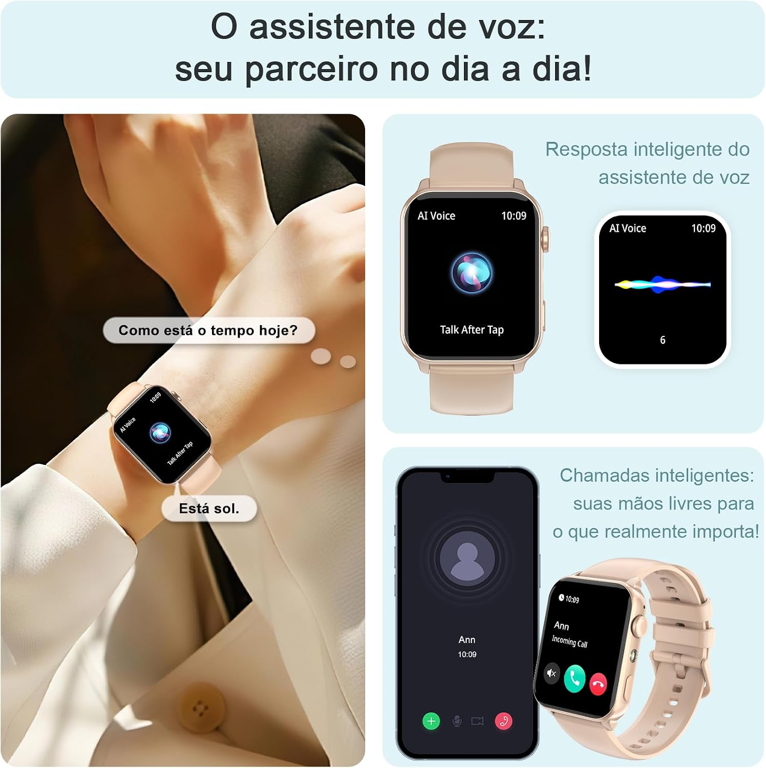 Smartwatch Feminino 1.91" com Luz LED - Tela Full Touch, 100+ Modos Esportivos, Chamadas Bluetooth, Assistente de Voz, Compatível iOS/Android, 2 Pulseiras (Rosa)