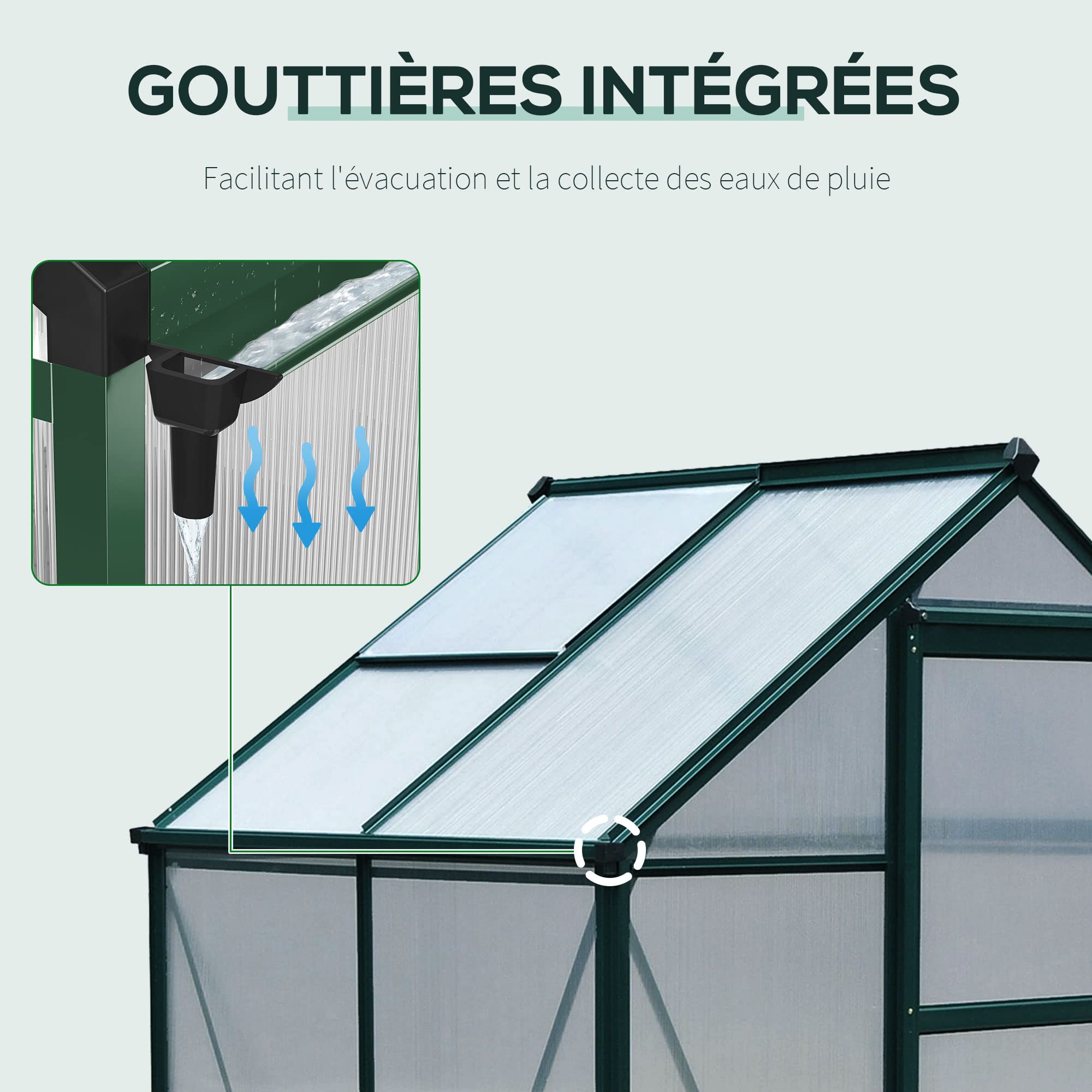 Outsunny – Invernadero de jardín (aluminio y policarbonato lucarne, puerta corredera + Fundación incluida Alu. Verde policarbonato transparente