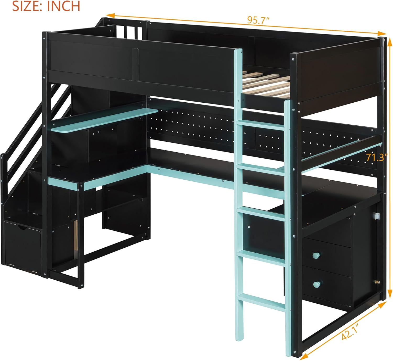 LZ LEISURE ZONE Twin Size Gaming Bed, Wooden Loft Bed with Desk, Storage Stairs, Shelves & Pegboard, Black+Blue
