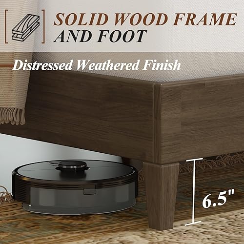 Miniatura 5 de Jocisland Base de cama con plataforma de madera, cabecera tapizada de tamaño matrimonial, madera maciza, no necesita somier, nogal