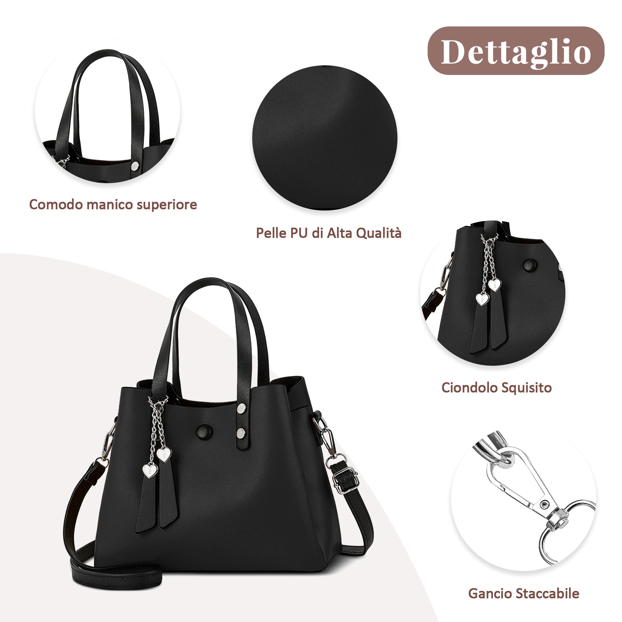 Borsa Donna in PU Pelle, Borsa a Mano Elegante con Tracolla Regolabile e Rimovibile, Shopper Capiente per Lavoro, Shopping, Viaggio e Uso Quotidiano Nero
