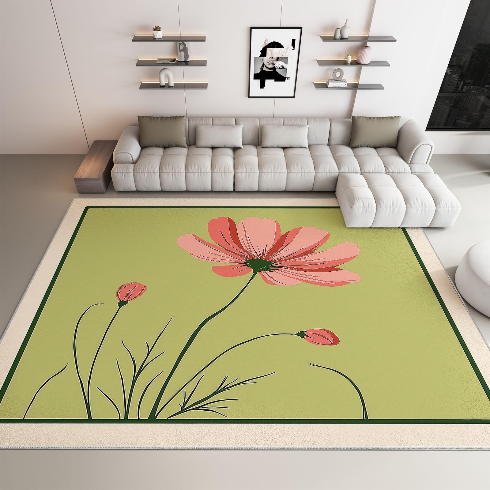 Tapis de salon lavable en machine 160 x 230 cm mode médiévale moderne, coureur faible poil antidérapant avec plantes fleurs sauge vert - tapis chambre pour la chambre à coucher le bureau à domicile