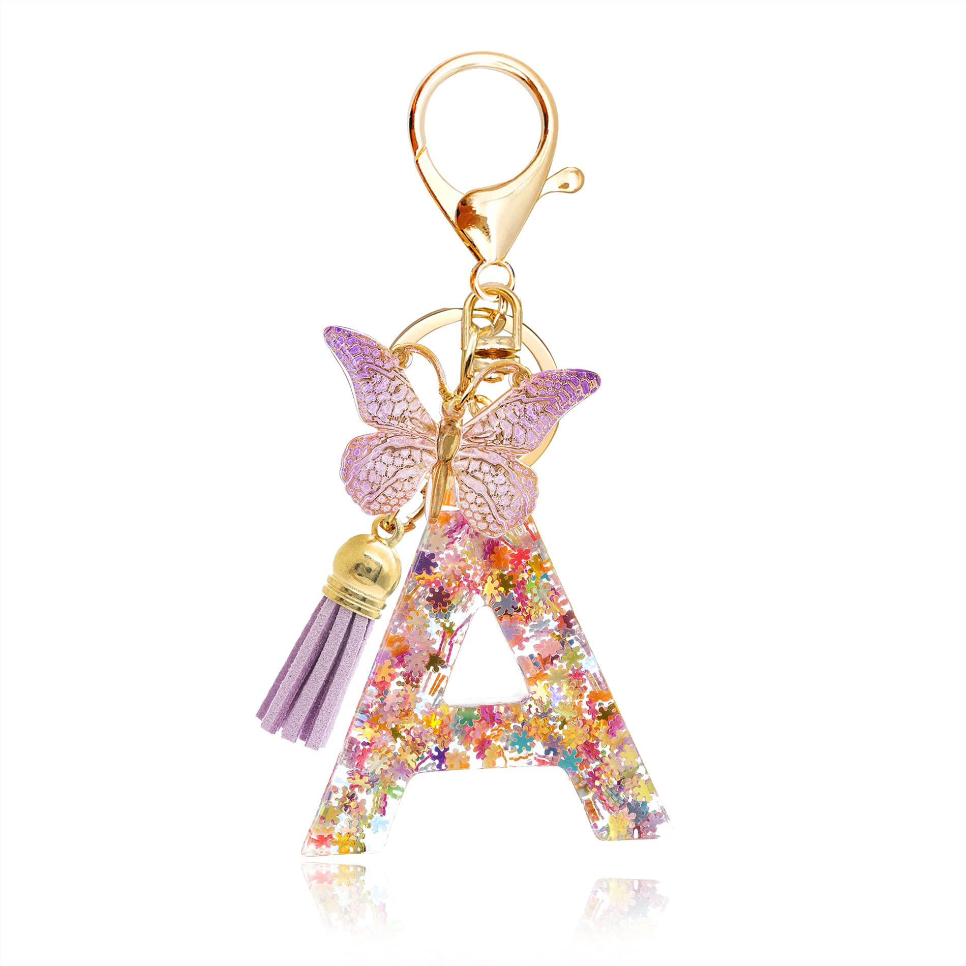 OKAICEN Fashion Alphabet Initial Letter Keychain Tassel Butterfly Pendant Key Ring for Purse Handbags Women Girl, Purple Butterfly Letter a, One Size