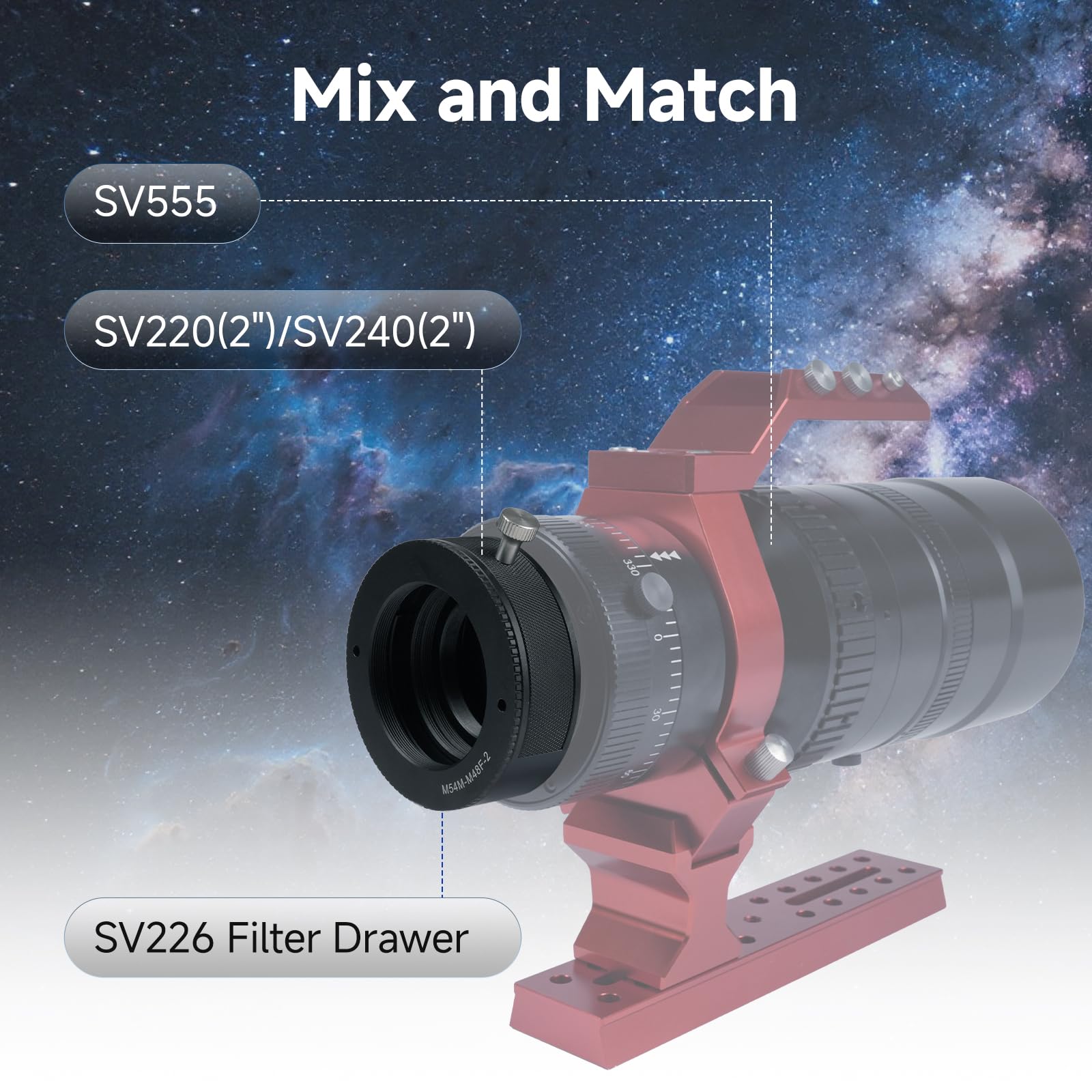 Svbony SV226 M54-M48 Szuflada Filtry Teleskopowe, Akcesorium Astronomiczne | do Fotografii Głębokiego Nieba i Planet, z Dwoma Uchwytami na Filtry 2”, CNC Zapobiegające Wyciekaniu światła