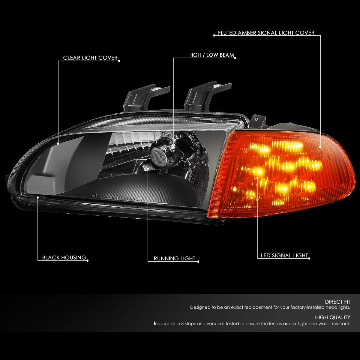 Auto Dynasty LED Turn Signal Black Housing Headlight Lamps+Tool Kit Compatible with Honda Civic 2/3Dr 92-95