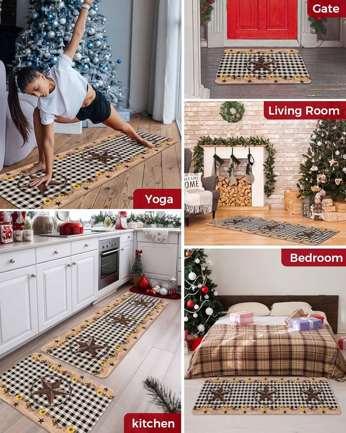 Vintage Country Star Kitchen Mat Set of 2, Cushioned Anti-Fatigue Kitchen Rugs, Waterproof & Non-Slipping Mat for Floor, Farmhouse Plaid Rugs and Mats for Laundry