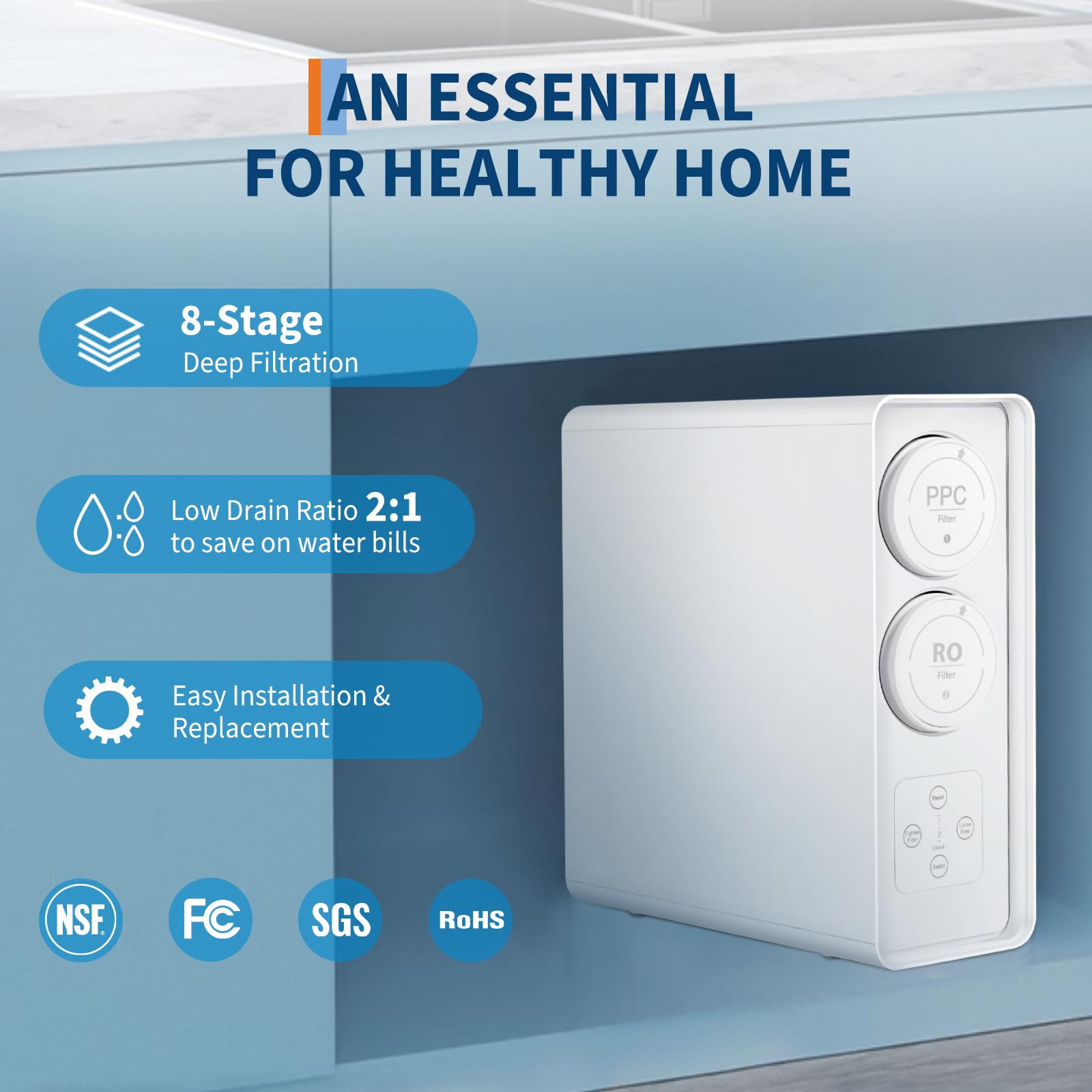 Garvee RO System 600 GPD, Under-Sink Tankless Reverse Osmosis Water Filter, 2:1 High Pure to Drain Water-Saving, NSF/FC/SGS Certified, Smart Faucet Reminder